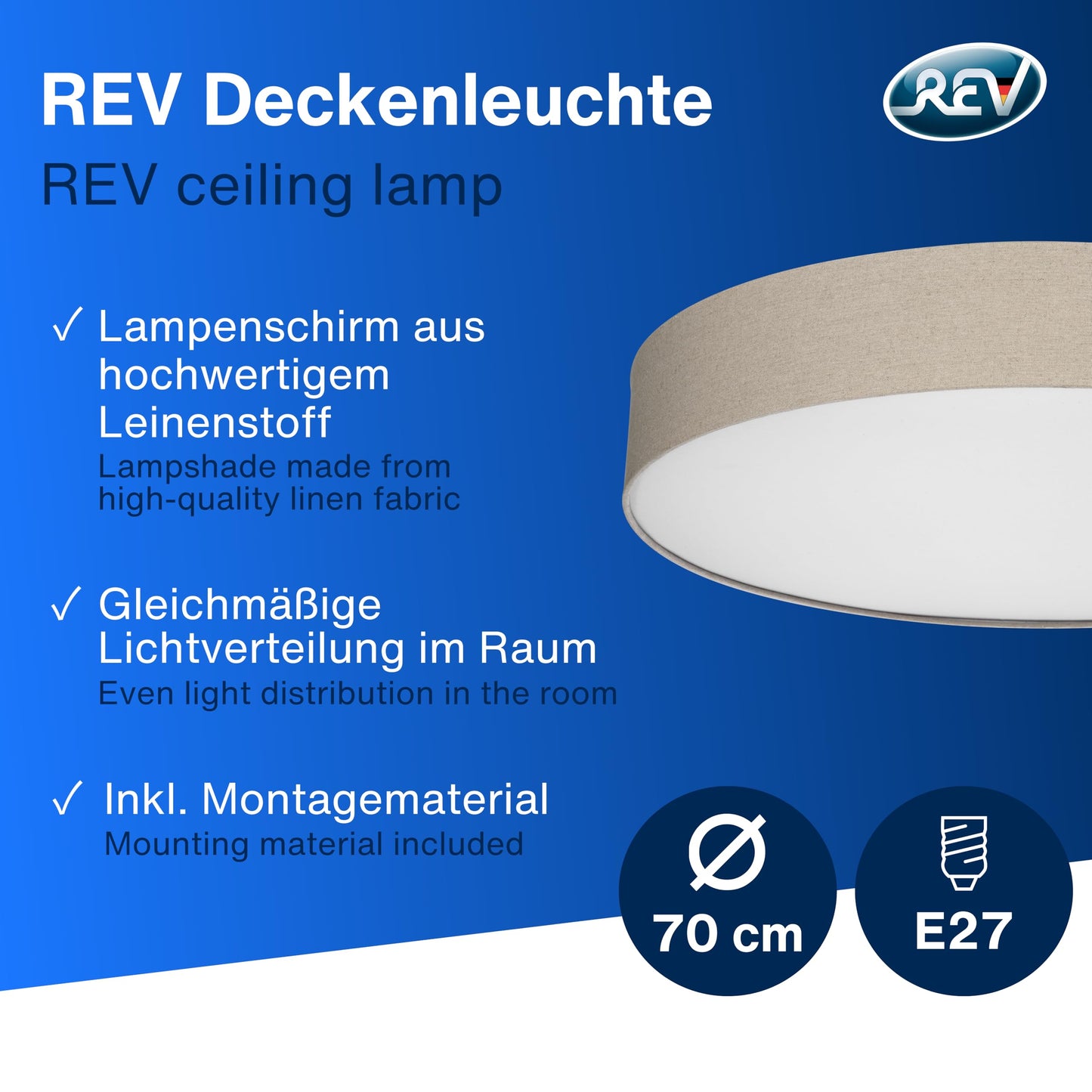 REV ceiling lamp - ceiling light for bedroom, living room & kitchen around 70cm with fabric lampshade in a vintage look, taupe - 2021117010