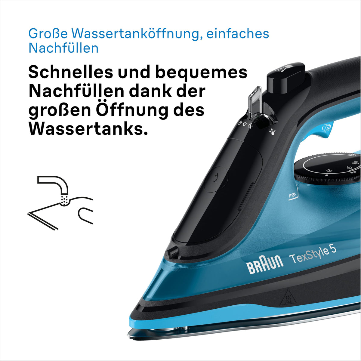 Braun TexStyle 5 SI5256 BL Steam Iron with FreeGlide 3D Soleplate, Precision Tip, Vertical Steam, Anti-Drip System, 210 g/min Steam Shot, 300ml Water Tank, 2600W, Black/Blue - SI5256BL
