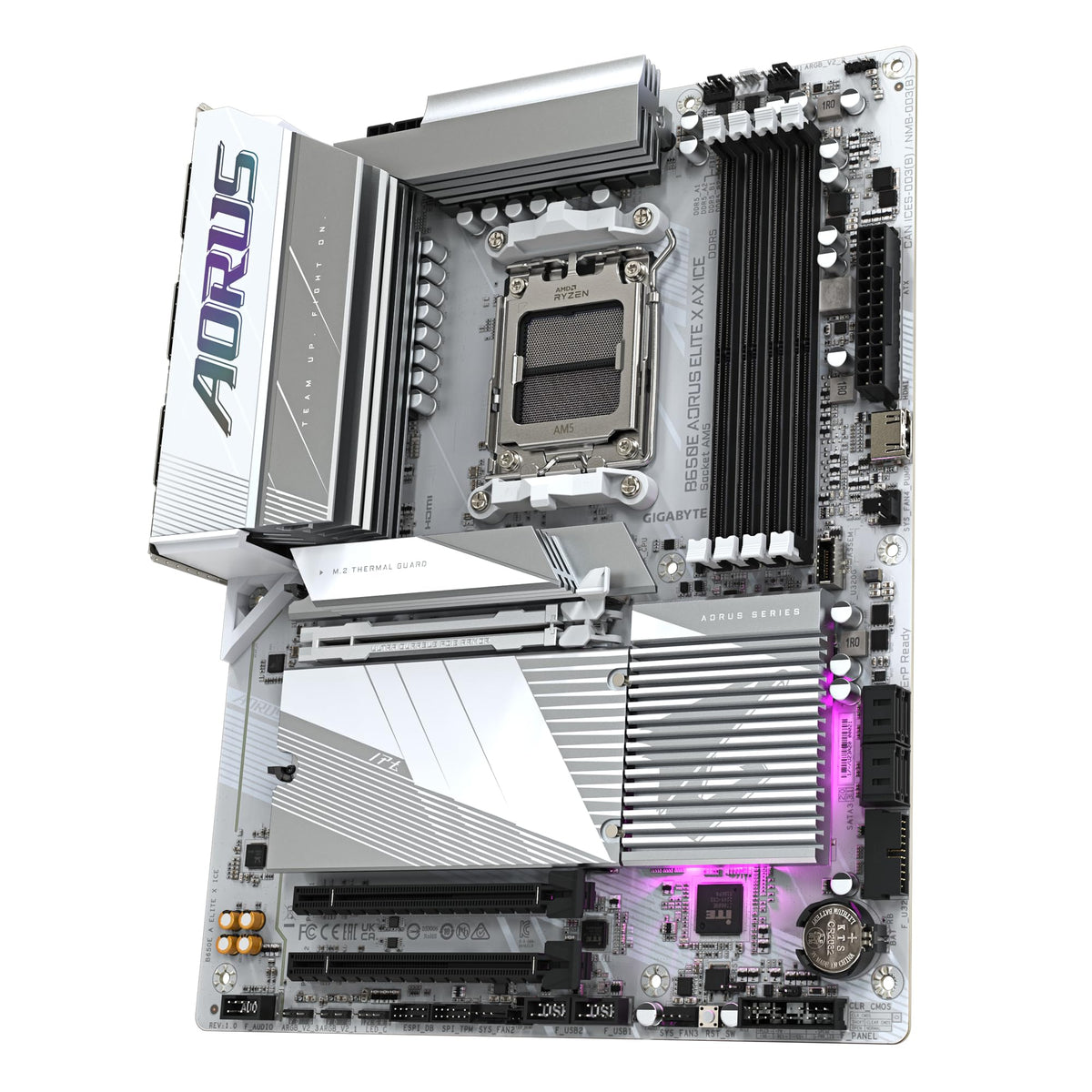 GIGABYTE B650E AORUS Elite X AX Ice Mainboard - AMD Ryzen 9000 Series, 12+2+2 Phase VRM, up to 8000 MHz DDR5 (OC), 1x PCIe 5.0 + 2x PCIe 4.0 M.2, 2.5 GbE LAN, WiFi 6E, USB 3.2 Gen 2