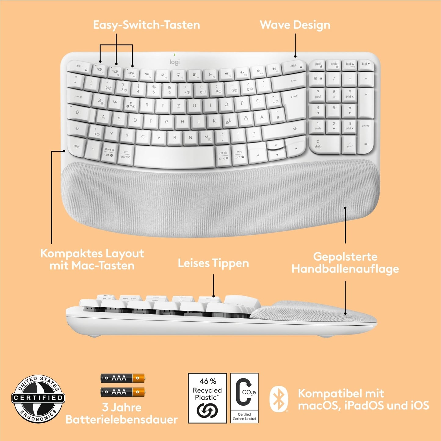 Logitech Wave Keys and Lift Vertical Mouse - Ergonomic Bundle - Wireless Keyboard with Padded Wrist Rest and Vertical Wireless Mouse - Bluetooth, Multi-OS, Windows/Mac - 910-006473