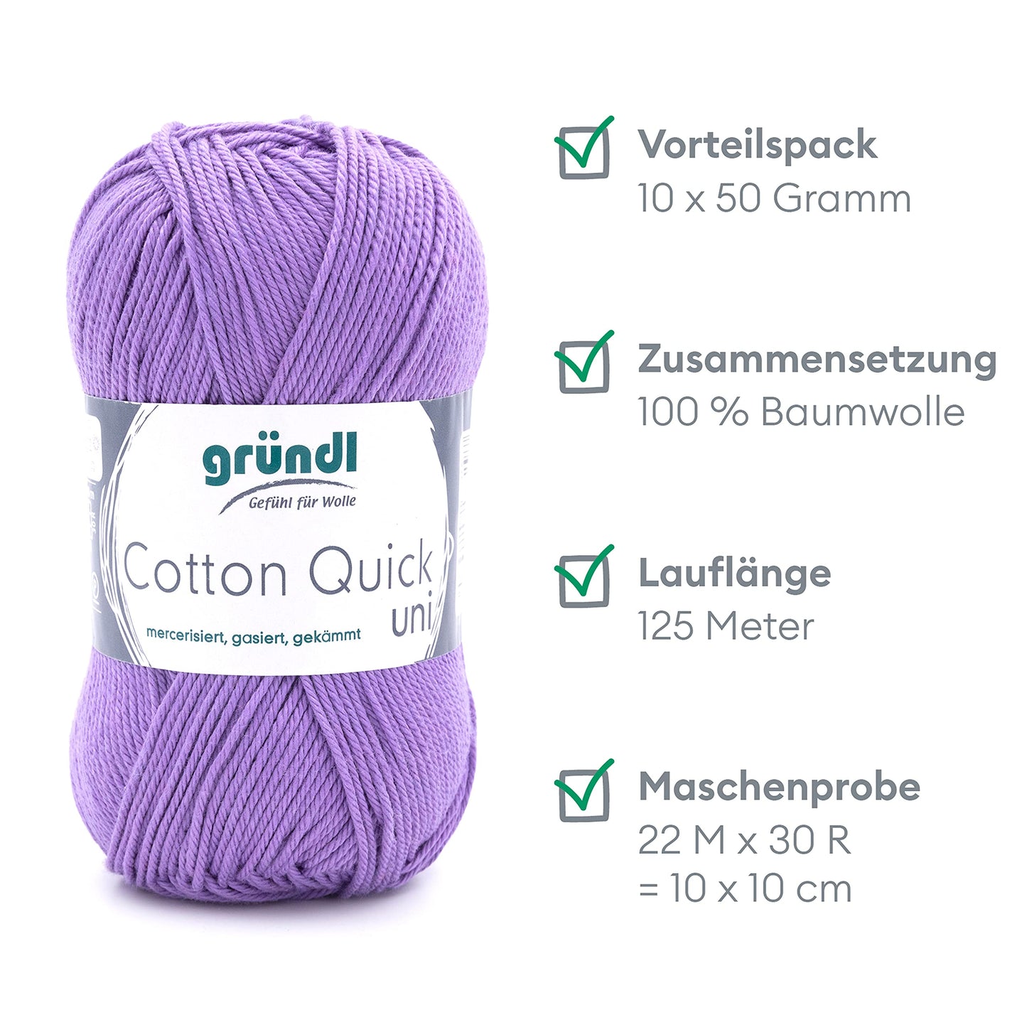 Gründl Wolle Cotton Quick uni - thin wool for crocheting - knitting yarn - crochet yarn - shiny and skin-friendly - 100% cotton - 10 balls 50 g / 125 m - needle size 3-4 - lavender - 865-142