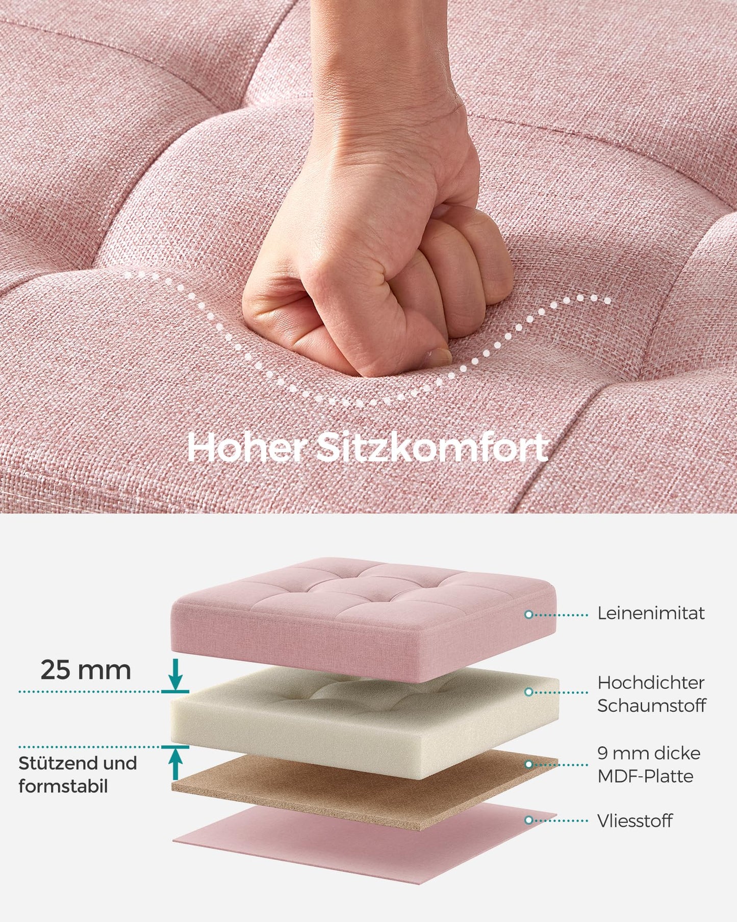 SONGMICS Stool with storage space, folding bench, 38 x 76 x 38 cm footstool, storage box, loads up to 300 kg, for living room, bedroom, hallway, pastel pink LSF047R11 - 6955880314393