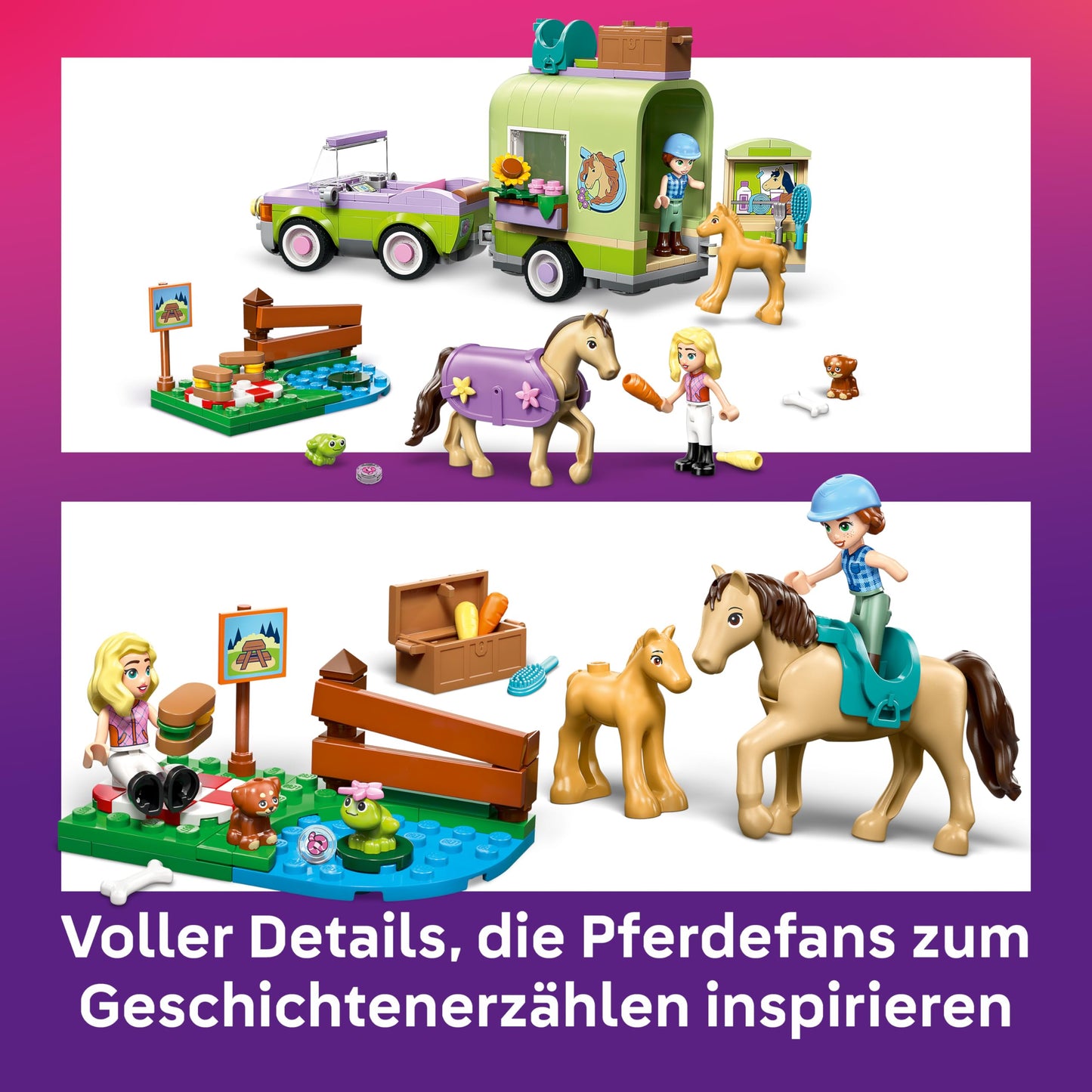LEGO Friends horse and foal with horse trailer - horse playset with care accessories, 4 animal figures, car & 2 mini dolls - birthday gift idea for girls aged 7 and up - 42695