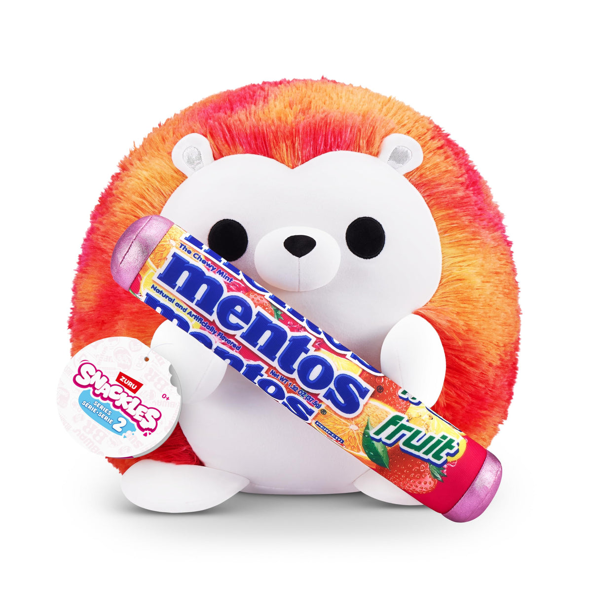 Snackles, Series 2, Hedgehog (Mentos, Fruit), a cuddly-soft, soothing plush toy measuring 35 cm, featuring licensed snacks (Hedgehog). - 77573J