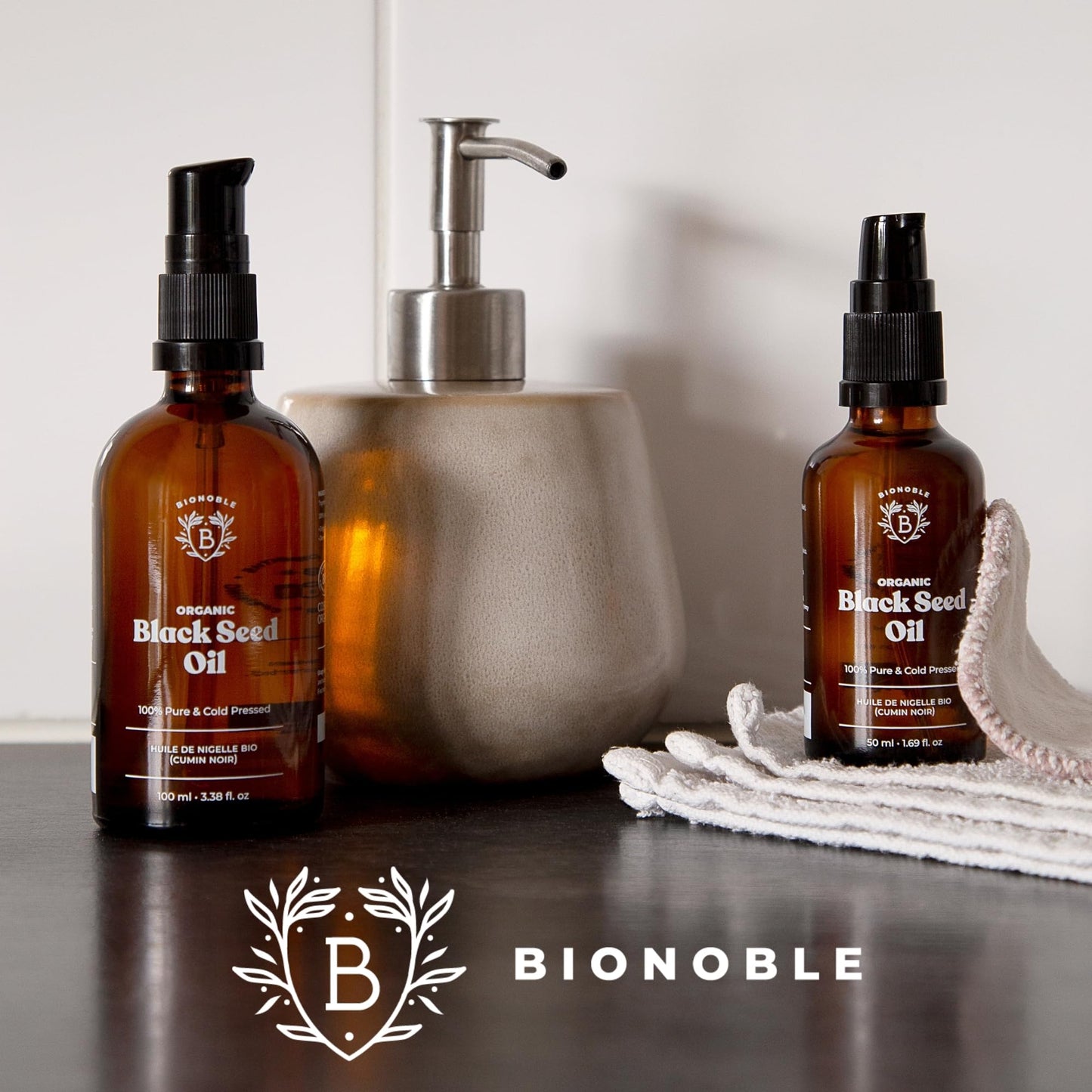 BIONOBLE Black Seed Oil Organic Cold Pressed - 100% Natural, Without Hexane - Alleviates Impurities - Black Seed Oil Face, Hair, Skin - Vegan Black Seed Oil - Glass Bottle, Pump - 200ml - France