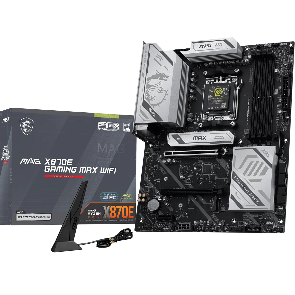 MSI MAG X870E Gaming MAX WiFi Placă de bază, ATX - Suportă procesoare AMD Ryzen 9000/8000/7000, AM5 - Memorie DDR5 Boost (până la 8200+ MT/s OC), PCIe 5.0 x16, M.2 Gen5, Wi-Fi 7, 5G LAN - 7E86-001R