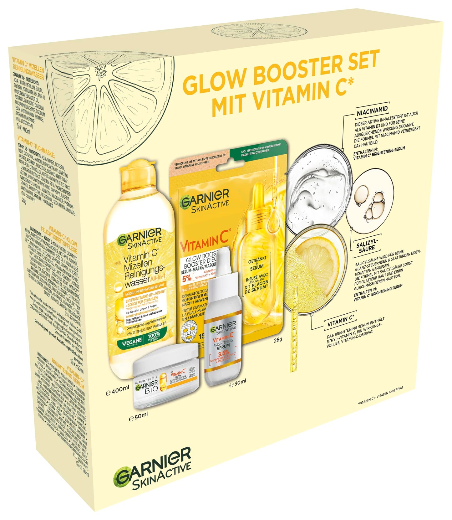 Garnier Vitamin C care set for the face, gift set with micellar cleansing water, sheet masks, anti-dark spot serum & moisturizer, for a radiant complexion, SkinActive, 4 pieces - Glow