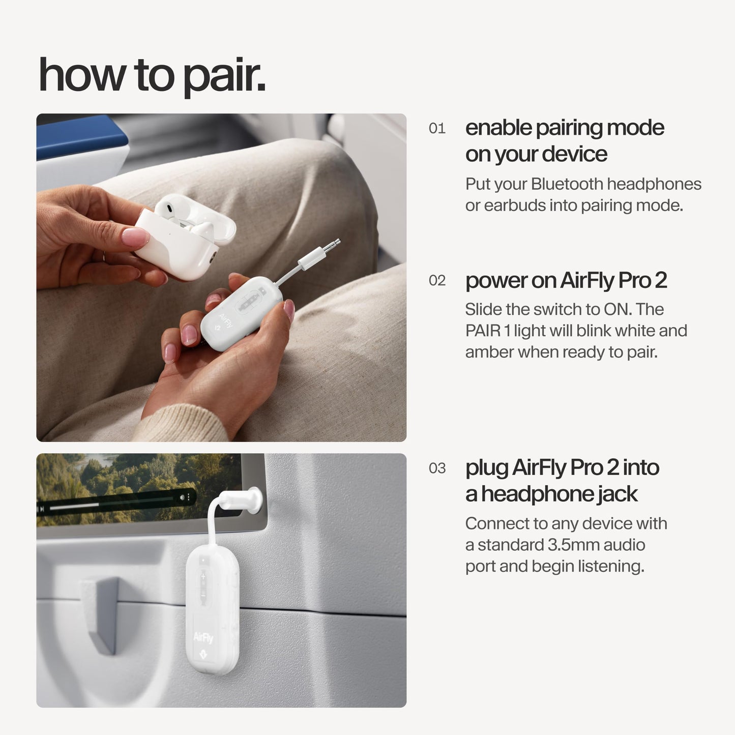 AirFly Pro 2 - Bluetooth Airplane Adapter, Pair 2 AirPods or Wireless Headphones - 3.5mm AUX Bluetooth Transmitter for Cars, Boats, Treadmills, TVs - Airplane Travel Essentials, Glacial White - TS-2611