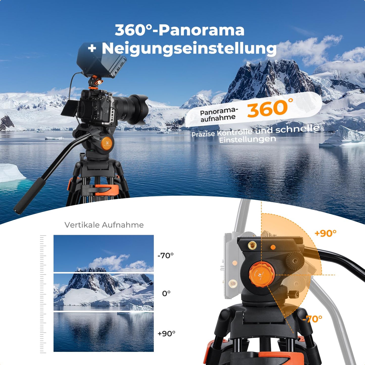 K&F CONCEPT Black-Orange Aluminum 202cm Video Tripod, Heavy Duty Tripod with Fluid Head and Quick Release Plate, Camera Tripod for DSLR, Camcorders, Cameras, Load Capacity 8kg - VA3+BV70