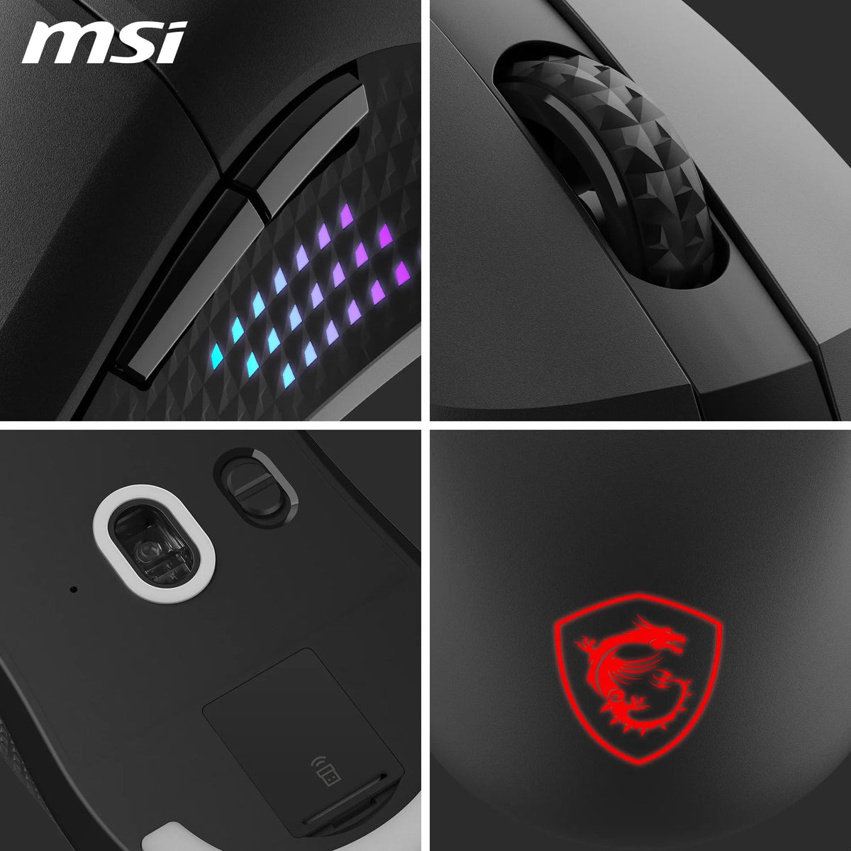 MSI Versa 300 Elite Wireless Gaming-Maus – senzor optic de 26.000 DPI, rată de polling de 1000 Hz, simetrică, switch-uri OMRON de 60 milioane de clicuri, baterie de 200 de ore, latență de 1 ms, RGB, 65 g – cablată/fără fir - S12-4301290-CLA