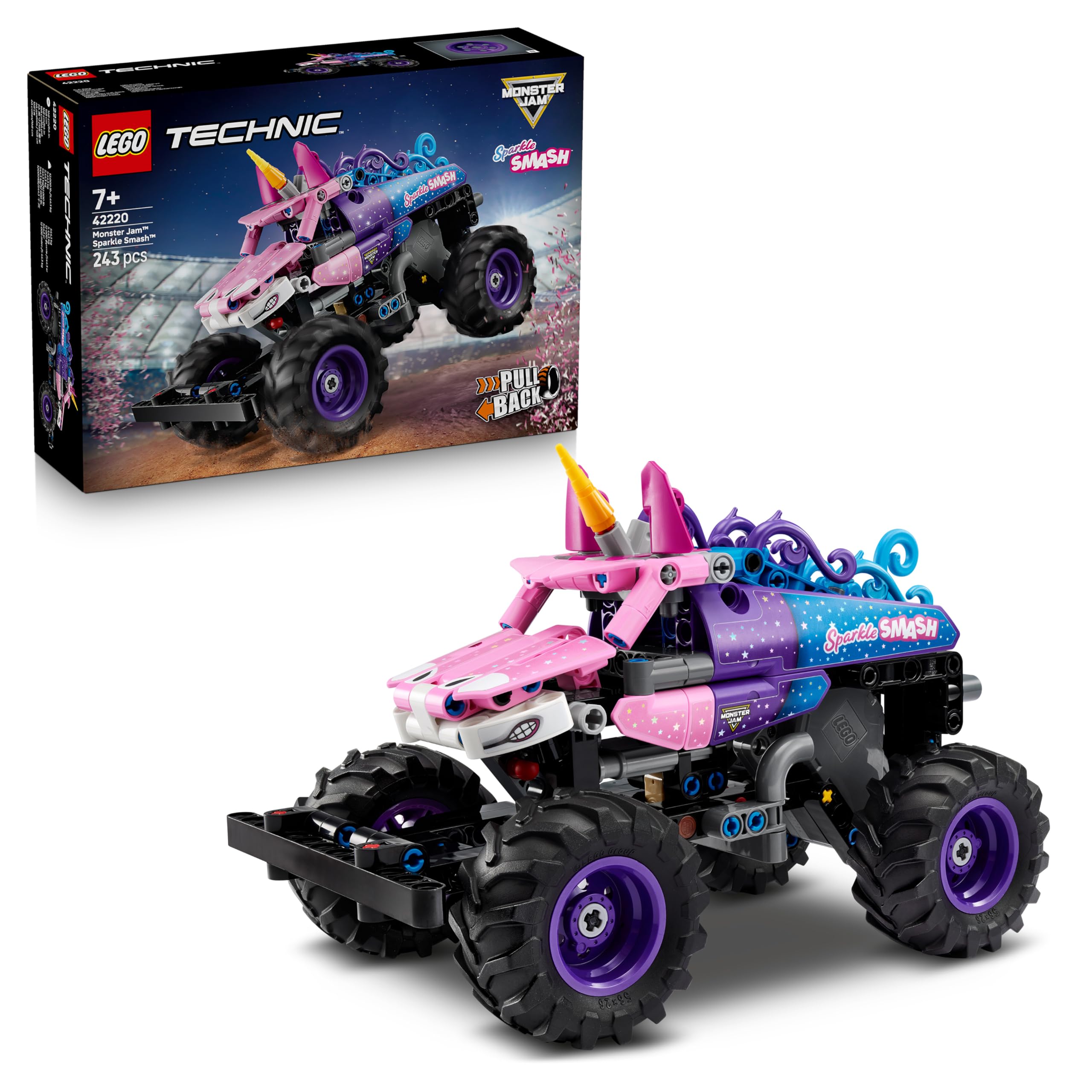LEGO Technic Monster Jam Sparkle Smash with pull-back motor - Technic monster truck & unicorn monster truck toy - creative gift for children, girls and boys aged 7 and up - 42220