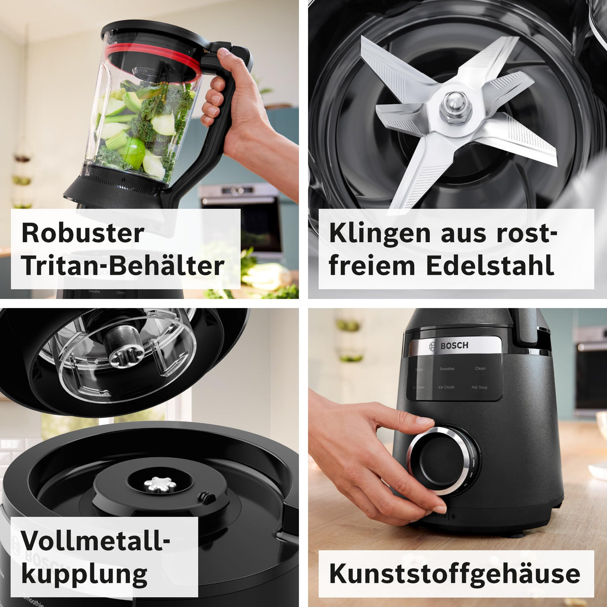 Bosch Highspeed Blender, Smoothie Maker, 45,000 RPM, 6 Programs (including hot soup & cleaning), 2 L Mixing Container, dishwasher-safe parts, Made in Europe, 1800W, VitaPower Series 6 MMBD665B1