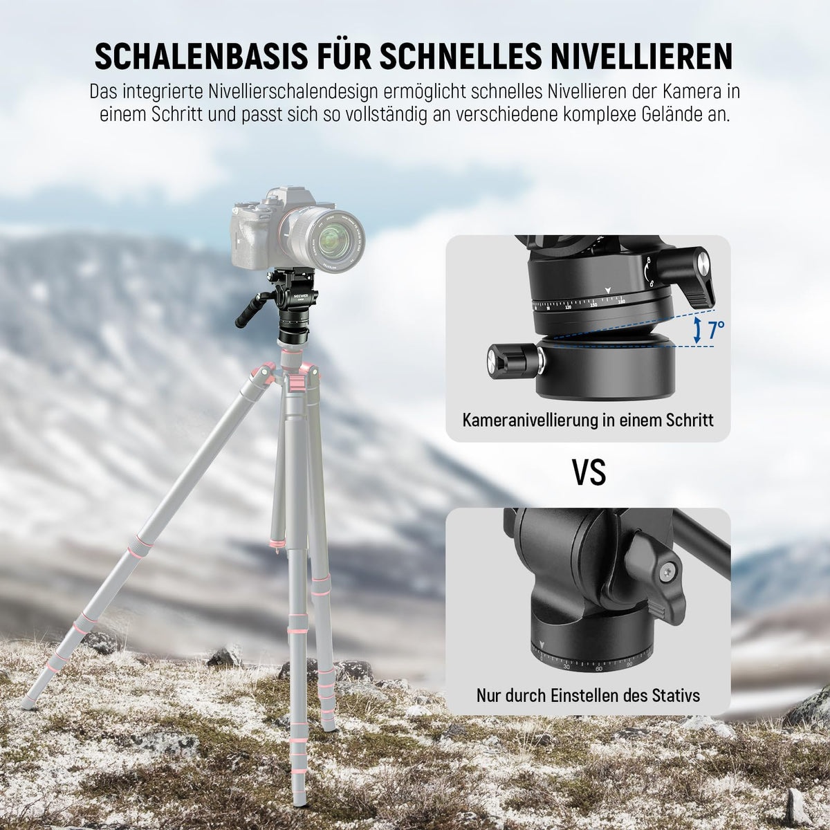 NEEWER Videostativ Fluidkopf cu bază de nivelare +/-7° (φ48mm), mini cap de înclinare și panoramare din metal cu placă Arca QR, mâner telescopic pentru cameră video compactă DSLR, capacitate maximă de încărcare 5kg GM35