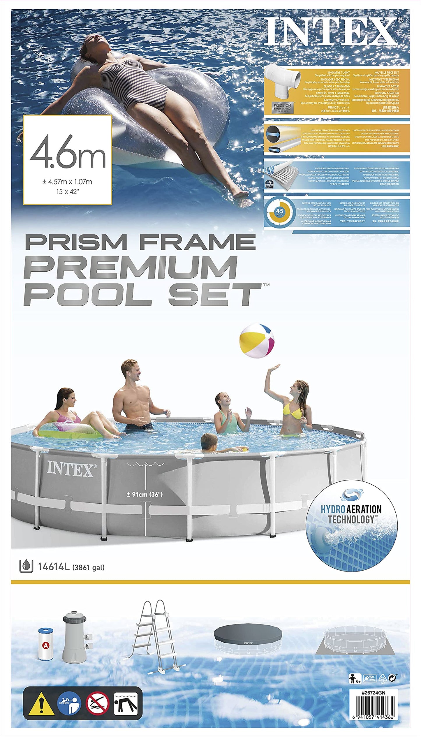 INTEX "PrismFrame" pool round above-ground pool complete set (Ø 457 x 107 cm) including 12V filter pump ladder, groundsheet & cover film family pool swimming pool volume approx. 14,614l, blue (26724GN)