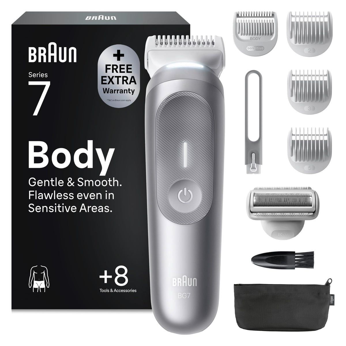 Braun Bodygroomer Series 7, aparat de ras corporal fără fir pentru bărbați, BG7555, gri