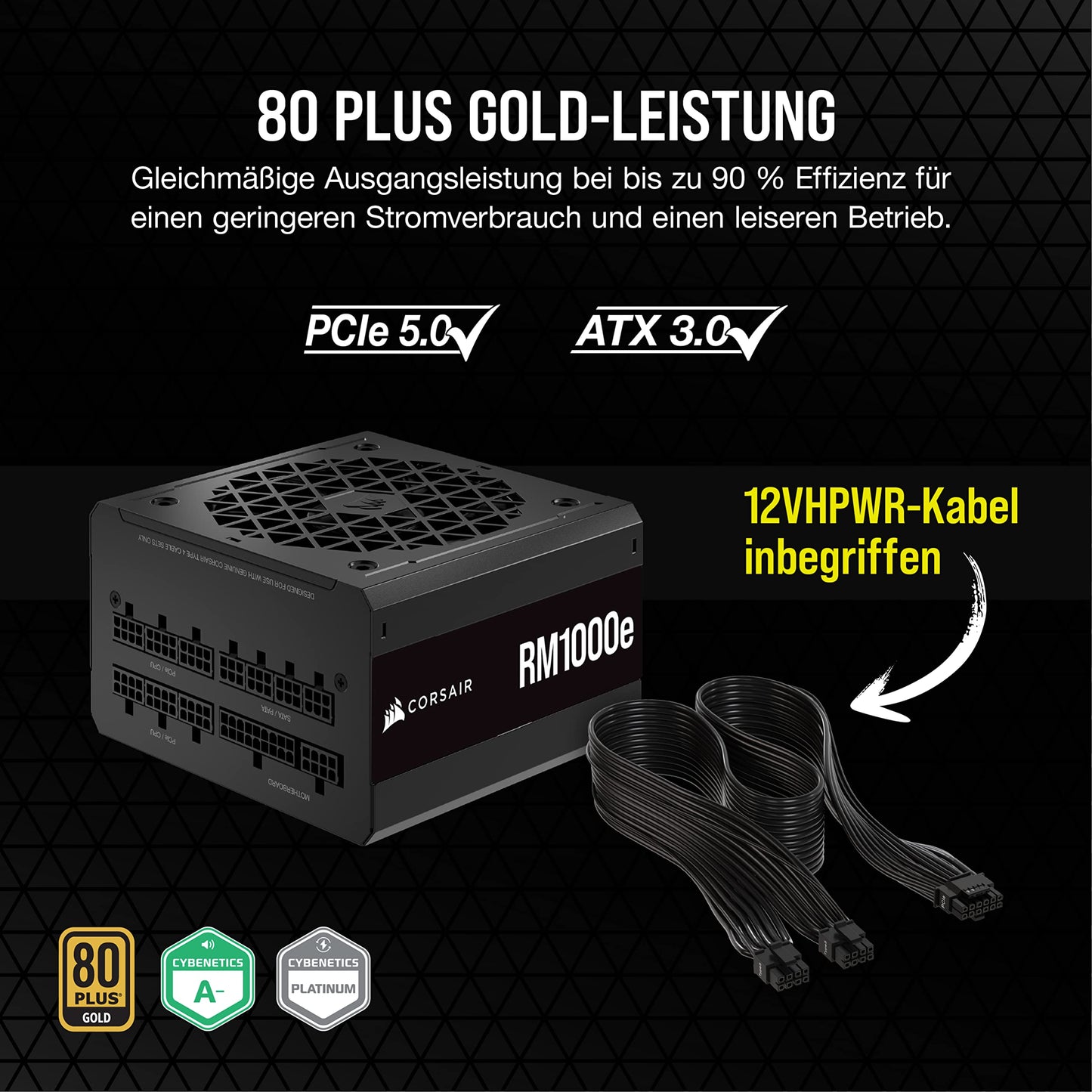 Corsair RM1000e (2023) Fully Modular Low Noise ATX Power Supply - ATX 3.1 and PCIe 5.1 Compatible - 105°C Capacitors - 80 PLUS Gold Efficiency - Modern Standby Support - Black - CP-9020264-EU