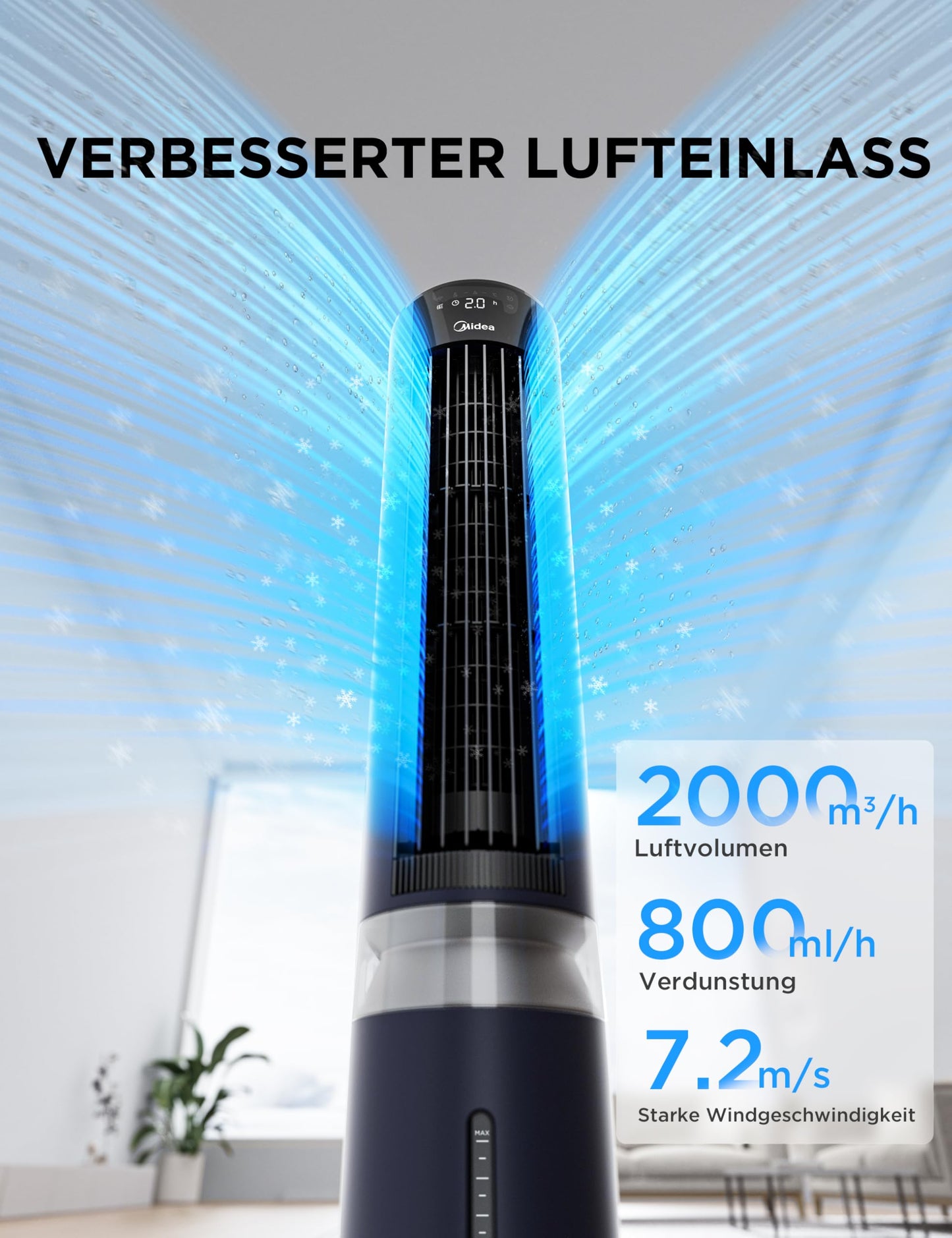 Midea Sensicool air cooler with 7L water cooling | Mobile air conditioning without exhaust hose | Fan with water cooling | 2000m³/h evaporative cooler, 6 speeds, touch display (blue) - MCF23XRB_1