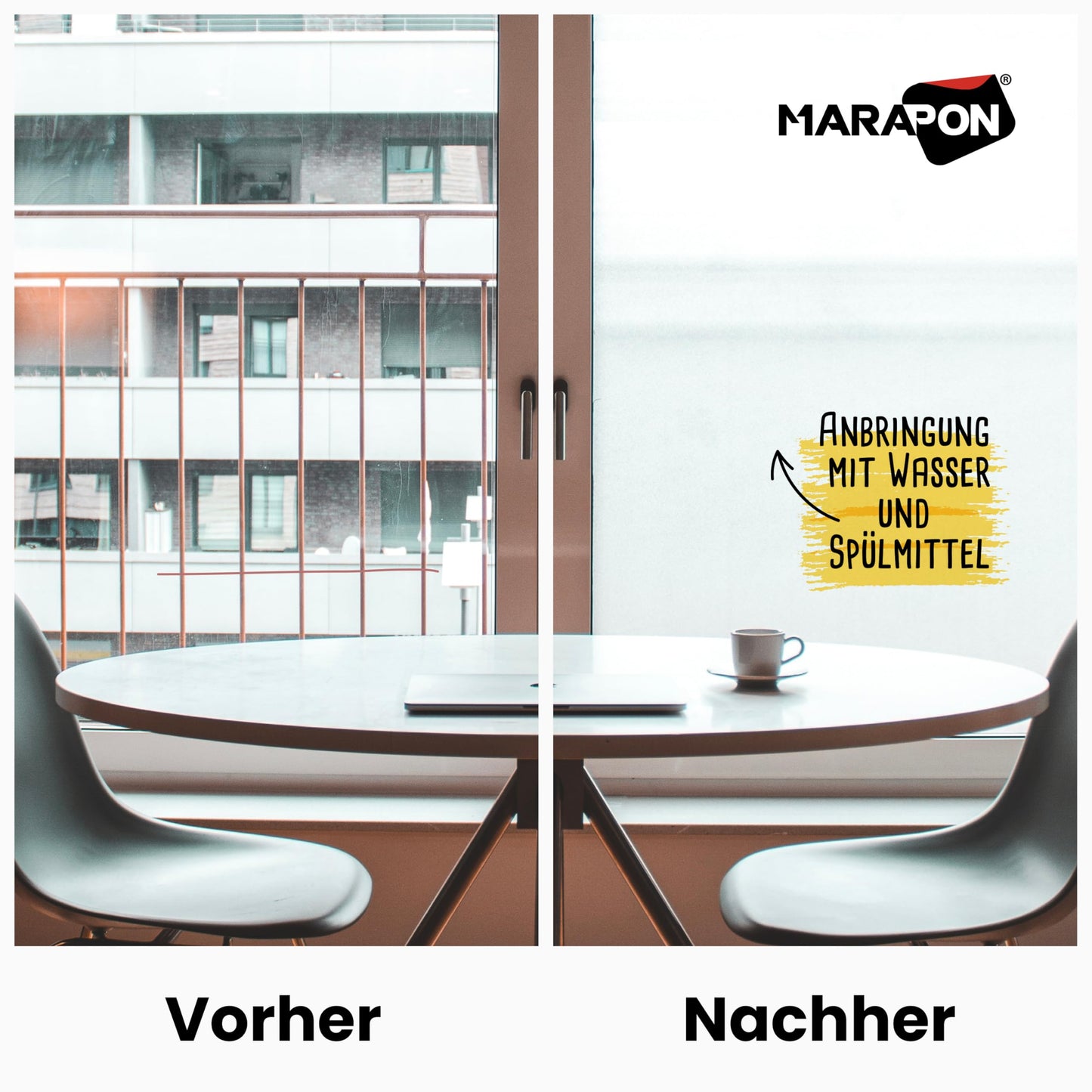 MARAPON® window film opaque from the outside [1.18x2 m] including eBook and video instructions - adhesive film privacy film for windows - frosted glass film - film for window privacy protection kitchen bathroom office - M11820