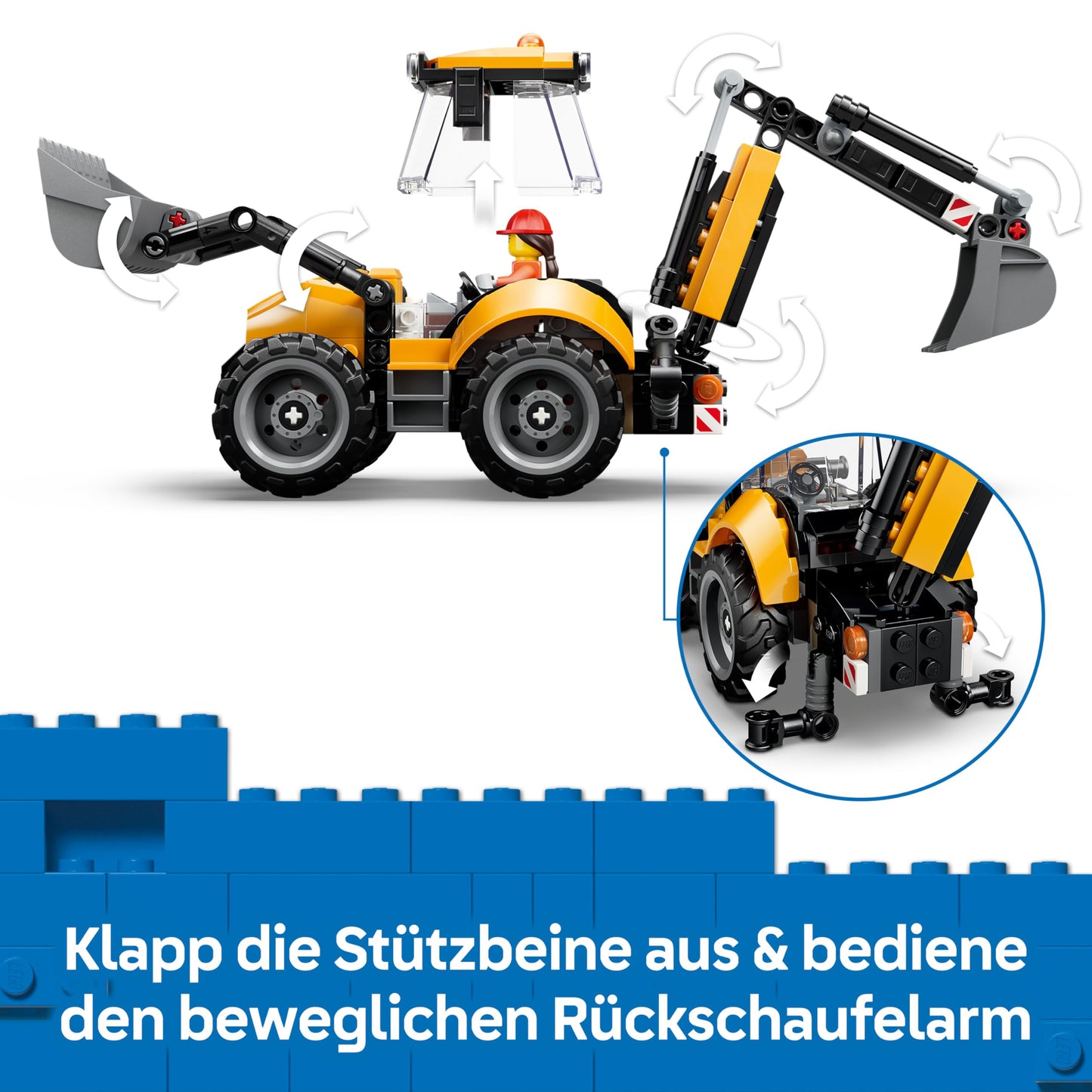 LEGO City Yellow Backhoe Loader - Construction Vehicle Toy - Tractor with 2 Minifigures, Working Front Shovel and Rear Excavator - Birthday Gift for Boys Ages 7 and Up - 60480