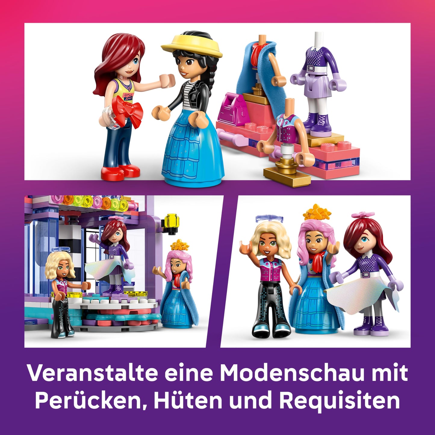 LEGO Friends Fashion Show in Heartlake City - Dress up game with 3 mini dolls, catwalk, customizable outfits including skirt, coat, hats & accessories - Creative gift for girls aged 7 and up - 42685