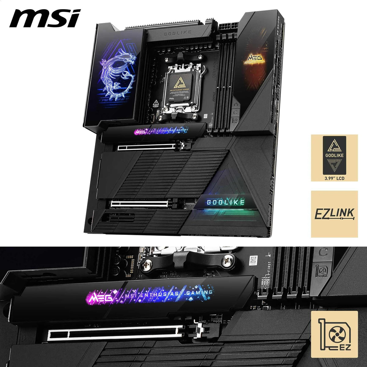 MSI MEG X870E GODLIKE, E-ATX - Supports AMD Ryzen 9000/8000/7000 processors, AM5 - Dynamic Dashboard III, 110A SPS, DDR5 memory (9000+ MT/s OC), M.2 & PCIe 5.0, USB4, Wi-Fi 7, 10G LAN - 7E48-001R