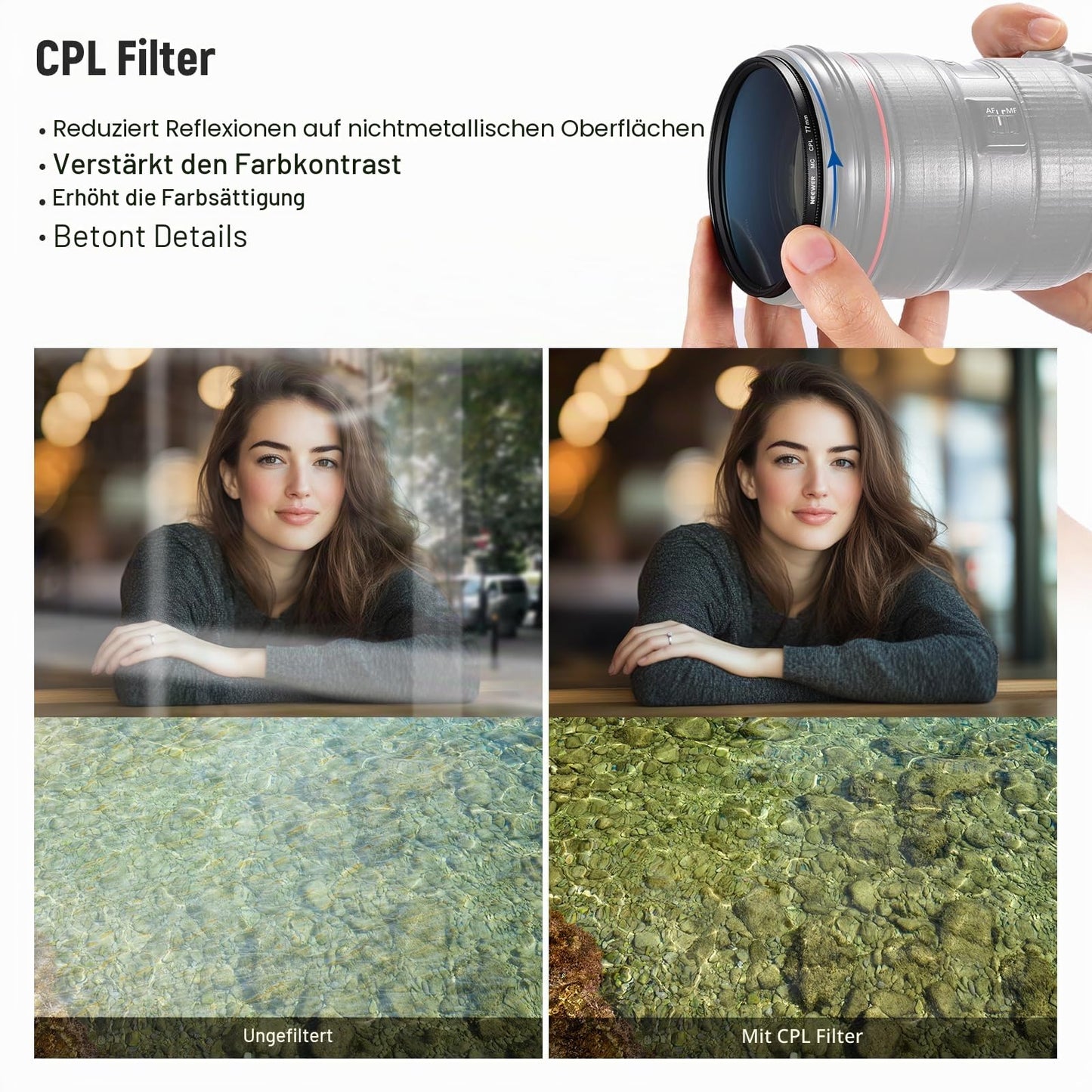 NEEWER 77mm UV/CPL/ND lens filter set, UV protection + circular polarizing filter + gray filter (ND8) camera lens filter set with multi-coated optical glass, slim frame and storage box - 10106147