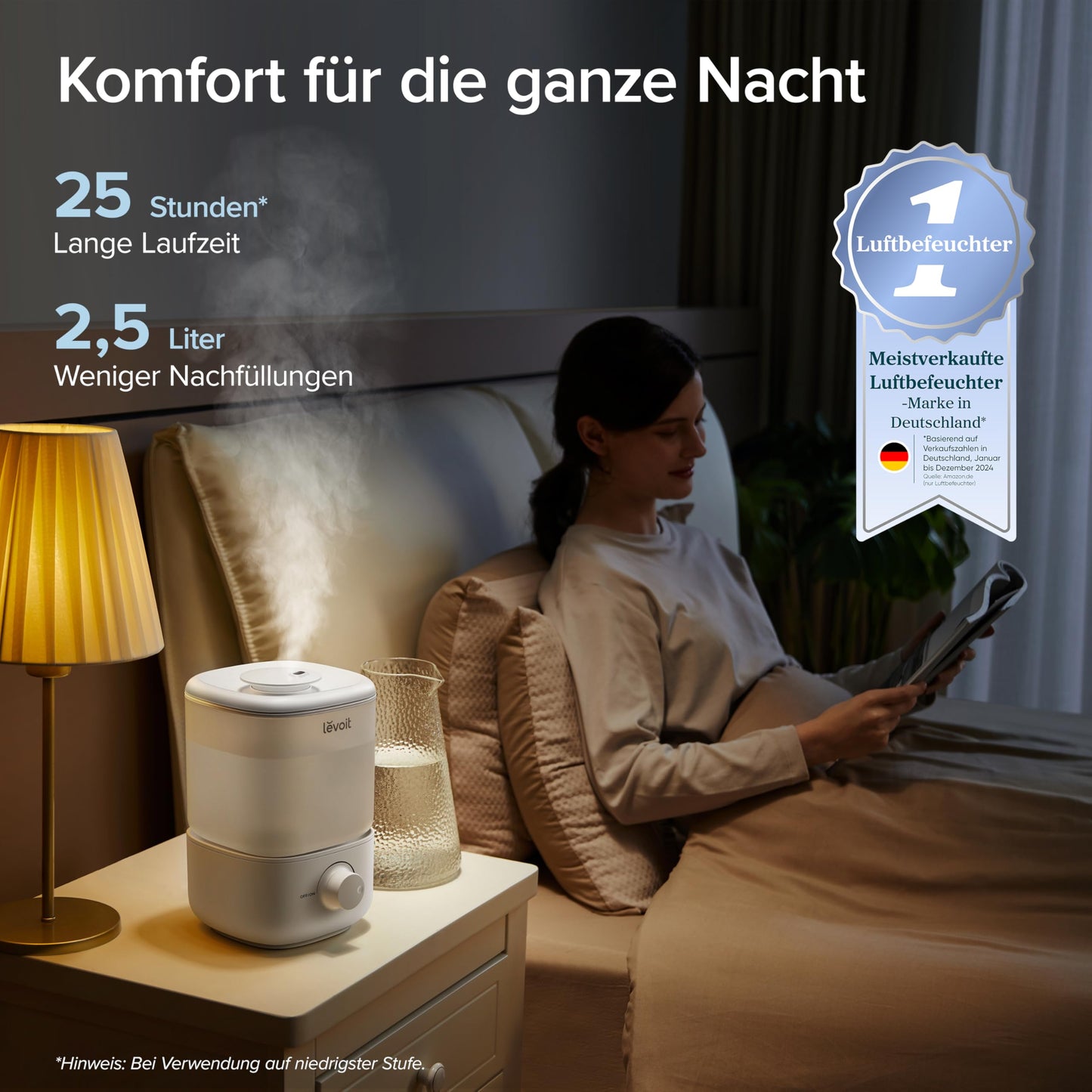 Levoit Humidifier Bedroom, 23dB Quiet Humidifier, Top Fill for Baby, up to 25H, Room Humidifier with 360 Degree Rotating Nozzle for Children's Room, Plants, Auto Shut-Off, 2.5 L, White - Classic