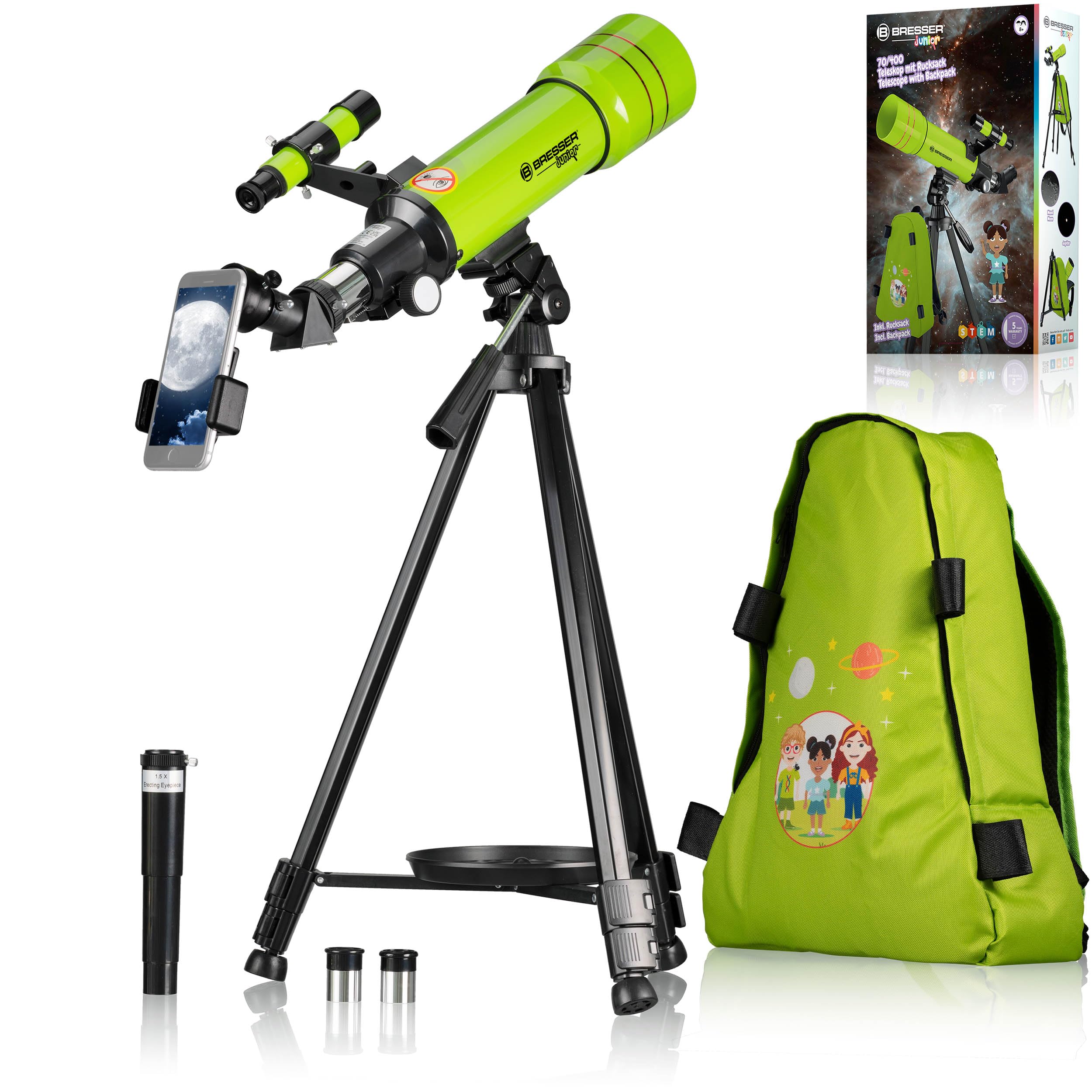 Bresser Junior Children's Telescope 70/400 refracting telescope for children aged 8 and over, astronomy beginners, telescope with backpack, accessories & smartphone holder, night sky observation green - 8850610B4K000