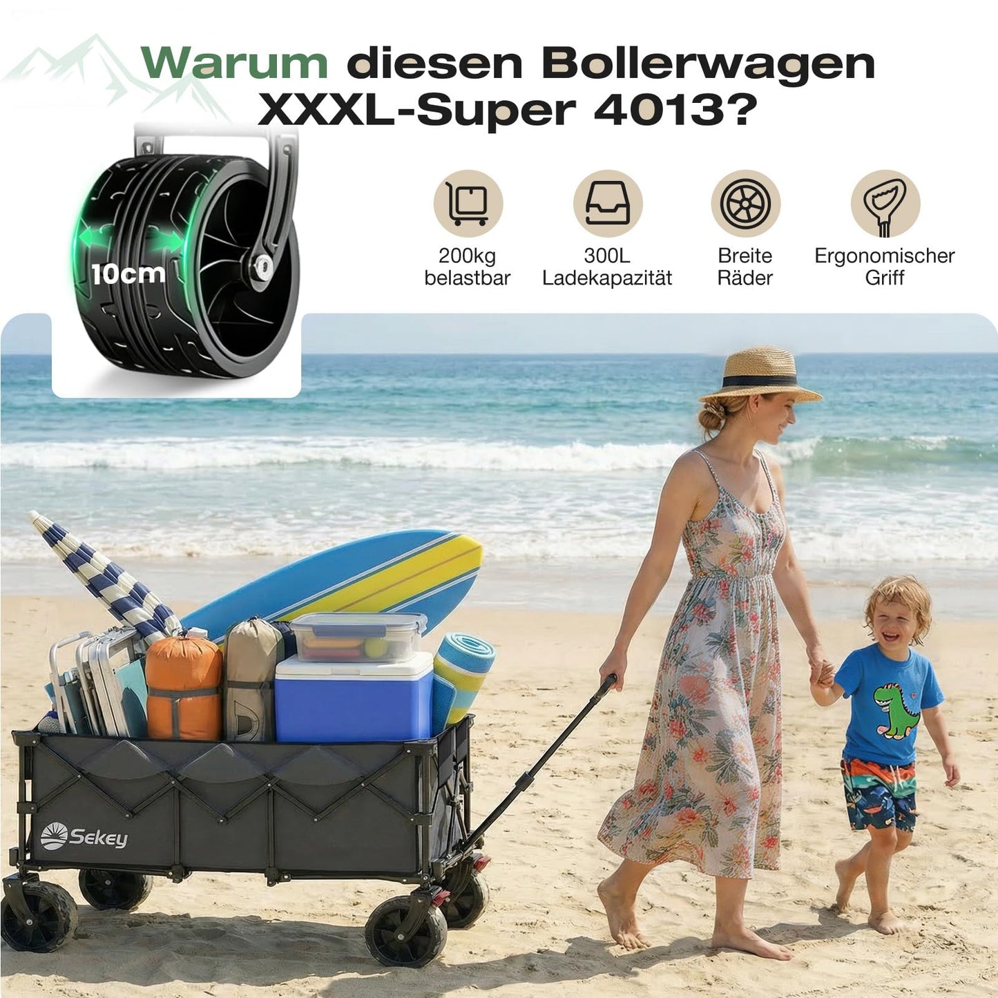 Sekey XXXL Handcart Foldable 300L 200KG Heavy Duty, Extended Folding Handcart with Extra Width 17x10 cm All-Terrain Wheels Handcart, Patented 4-Way Instant Assembly Transport Cart, Anthracite - FW36-1