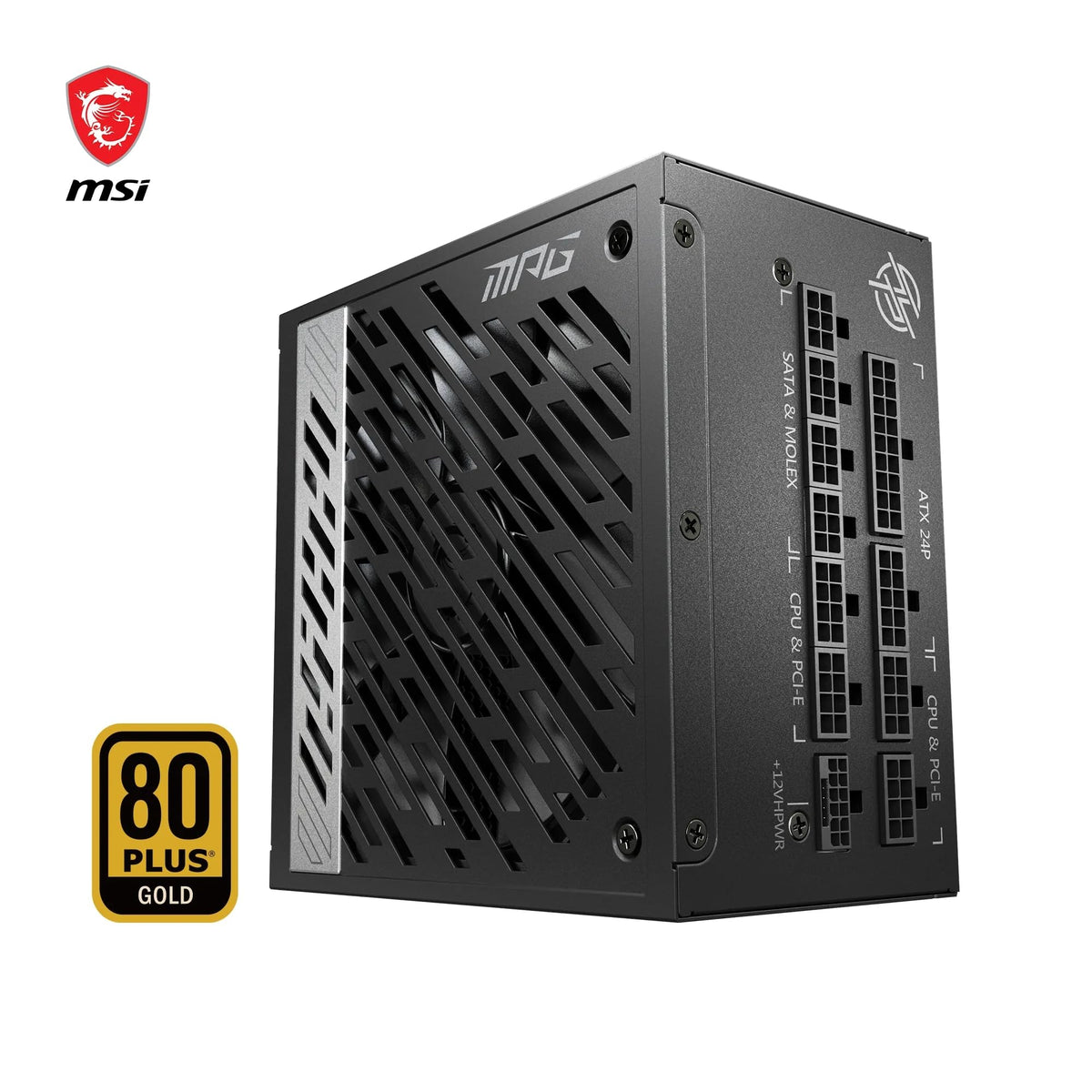 MSI MPG A1000G PCIE5 Sursă de alimentare cu conector EU, 1000W, certificat 80 Plus Gold, complet modular ATX 3.0, suportă GPU PCIe 5.0, condensatori japonezi la 105°C, mod 0% RPM, cabluri plate - 306-7ZP7C11-CE0