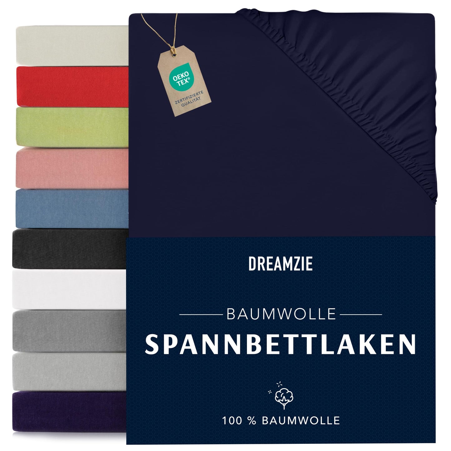 Dreamzie - fitted sheet 200x200cm - cotton Oeko Tex certified - dark blue - 100% jersey fitted sheet 200x200 - DHC_200x200_DB_2
