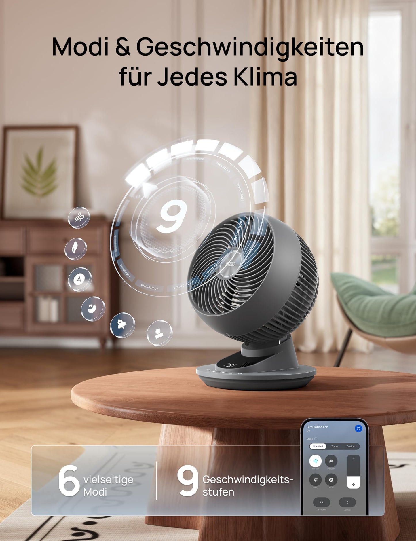 DREO 3D table fan, very quiet 22 dB, small fan with remote control, 8.8 m/s strong airflow, 90° oscillation, app & voice control, 9 levels, 8/12h timer for bedroom & office - DR-HAF008