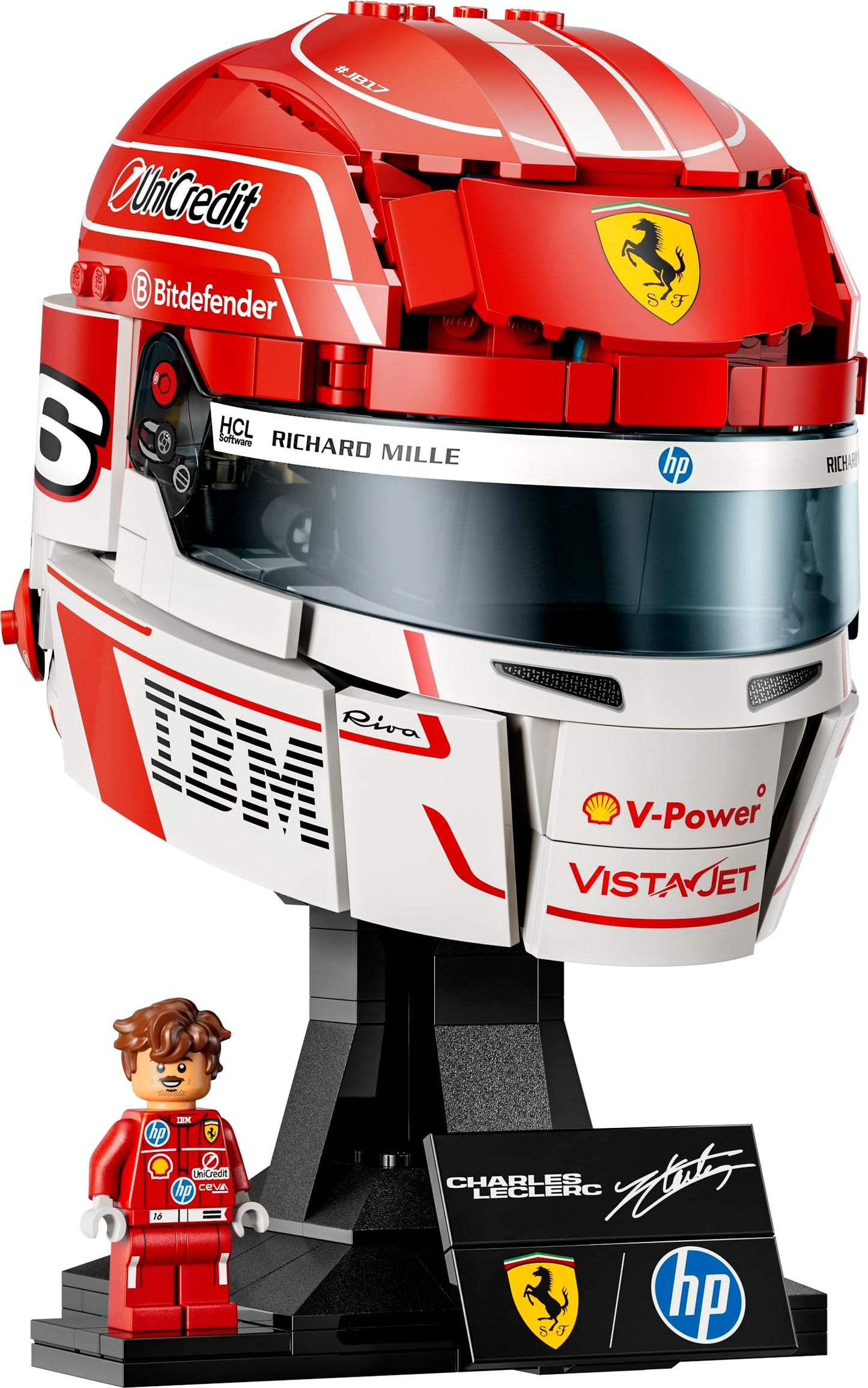 LEGO Editions Scuderia Ferrari HP Charles Leclerc helmet - F1 merchandise - exhibition model kit with collectible minifigure - gift for boys aged 14 and over and adult motorsport fans - 43014