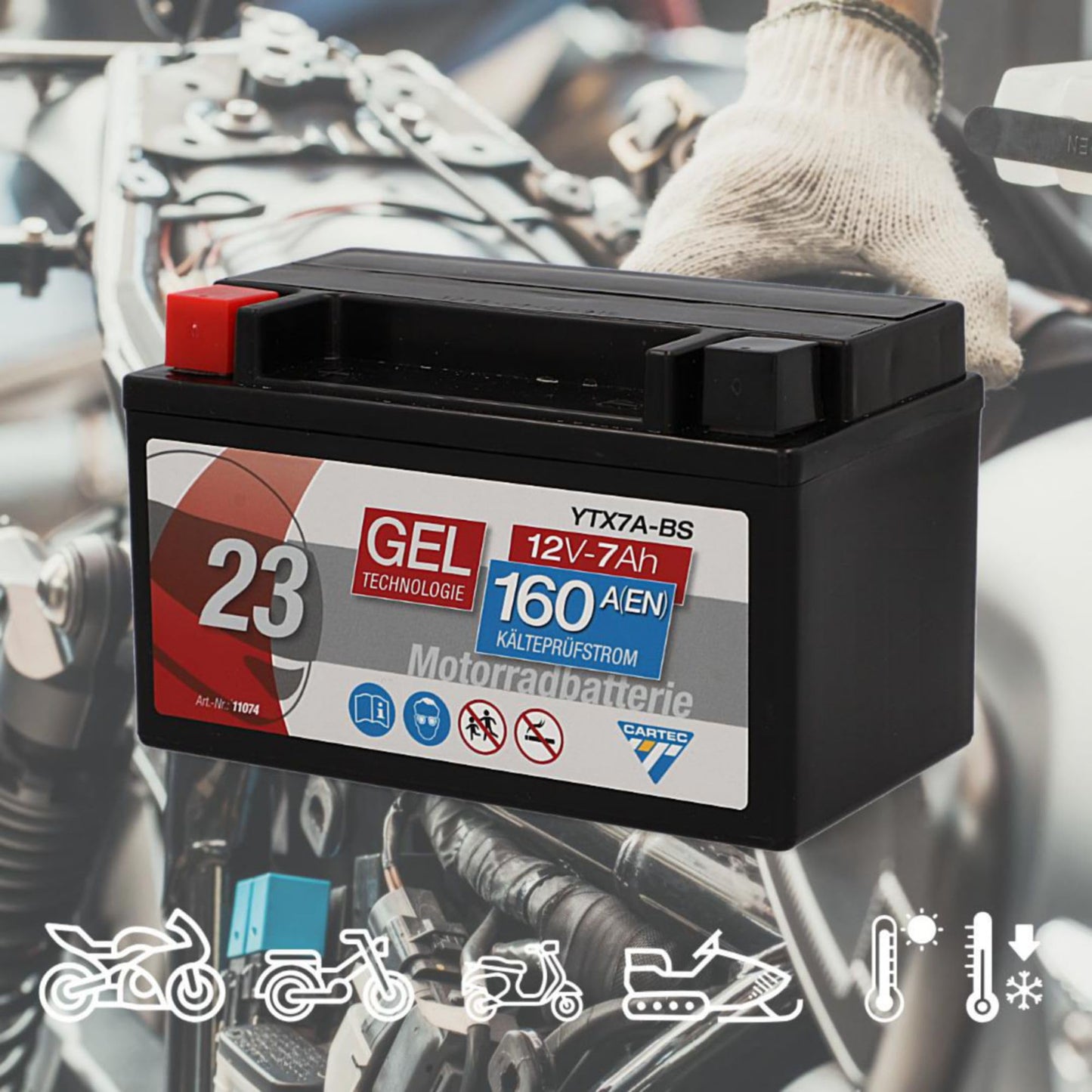 CARTEC motorcycle battery YTX7A-BS, 7Ah, 160A, gel technology motorcycle starter battery, original equipment manufacturer quality, cycle-proof, storable, maintenance-free, black - 11074