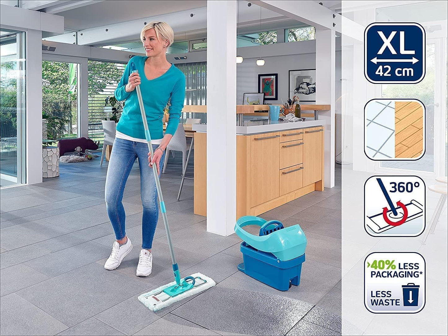 Leifheit back-friendly floor mop Profi XL Micro Duo, steel handle 146cm, mop with foot click, microfiber cover for tiles and laminate, 360 degree swivel joint, click system - 55019