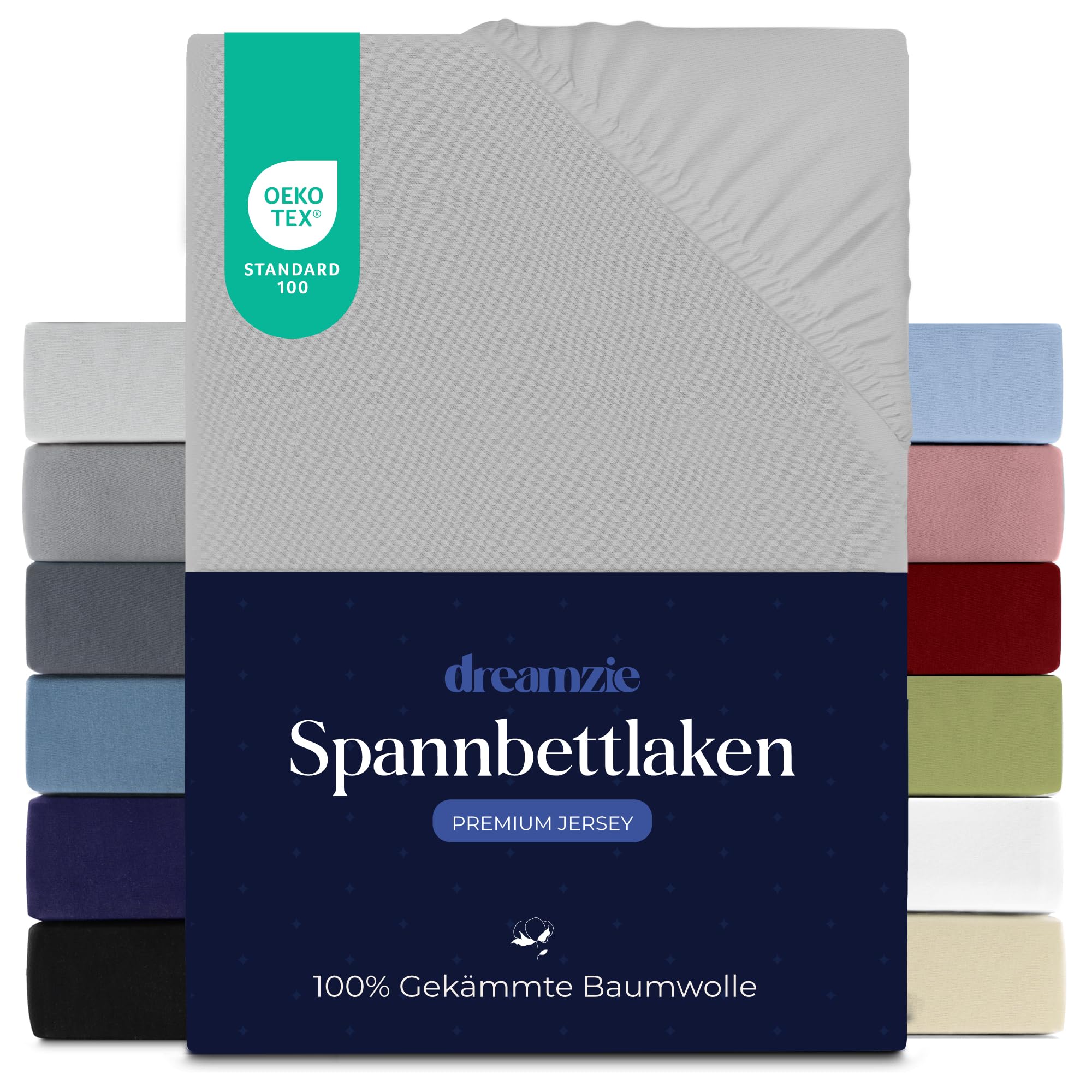 Dreamzie Premium fitted sheet 180x200 cm, fitted sheet for thick mattresses up to 27 cm, bed sheet 100% jersey cotton, 150 g/m², Oeko-TEX certified - gray - DHC_C_180x200_Gr_E