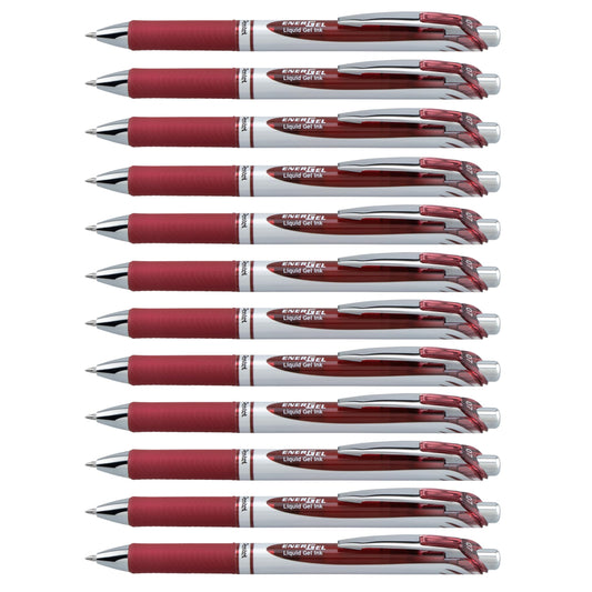 Pentel EnerGel XM BL77 gel pen with push mechanism, burgundy (pack of 12) - BL77-BGX-VE