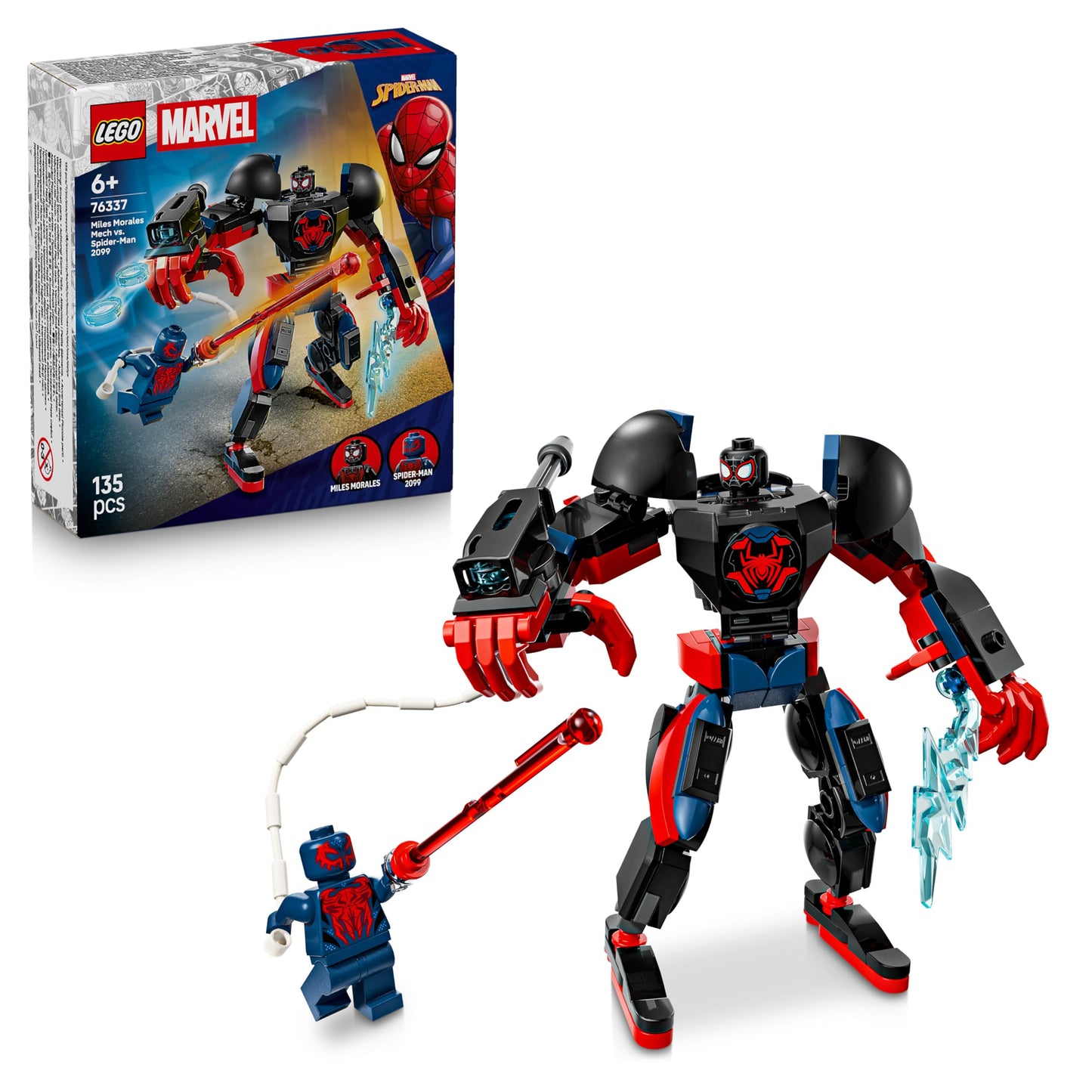 LEGO | Marvel Miles Morales Mech vs. Spider-Man 2099 - Superhero toy with action figure and 2 minifigures as well as Razor Web and Power Blast elements - gift for boys aged 6 and over - 76337