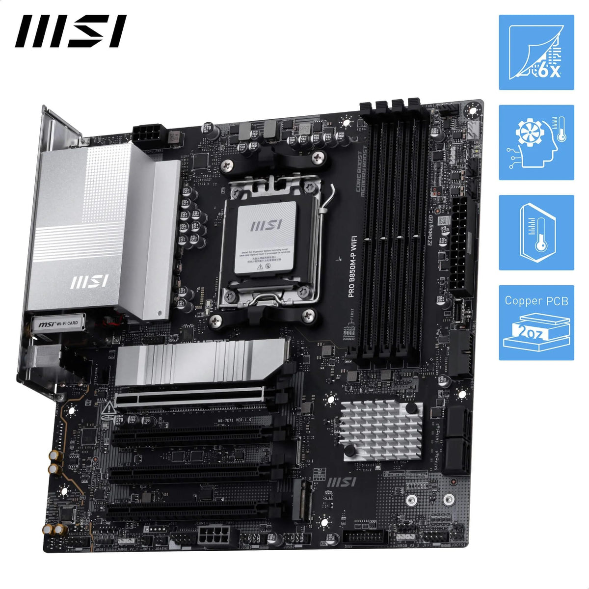 Placă de bază MSI PRO B850M-P WiFi, mATX - Suportă procesoare AMD Ryzen 9000/8000/7000, AM5 - Memorie DDR5 Boost (8200+ MT/s OC), PCIe 5.0 x16 și 4.0 x16, M.2 Gen5, Wi-Fi 7, LAN 5G - 7E71-001R