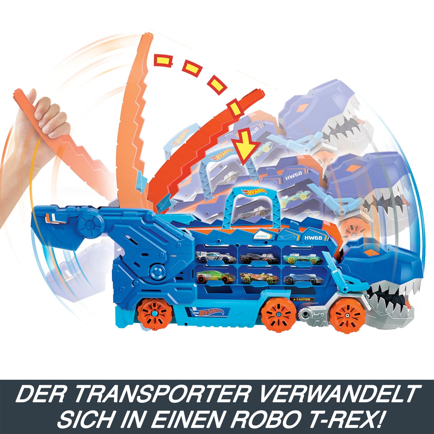 Hot Wheels Let's Race Netflix -2:1 transporter for T-Rex with including car racing track, with lighting and sounds, including 2 toy cars, space for 20 cars, Hot Wheels Dino, toys from 4 years, HNG50