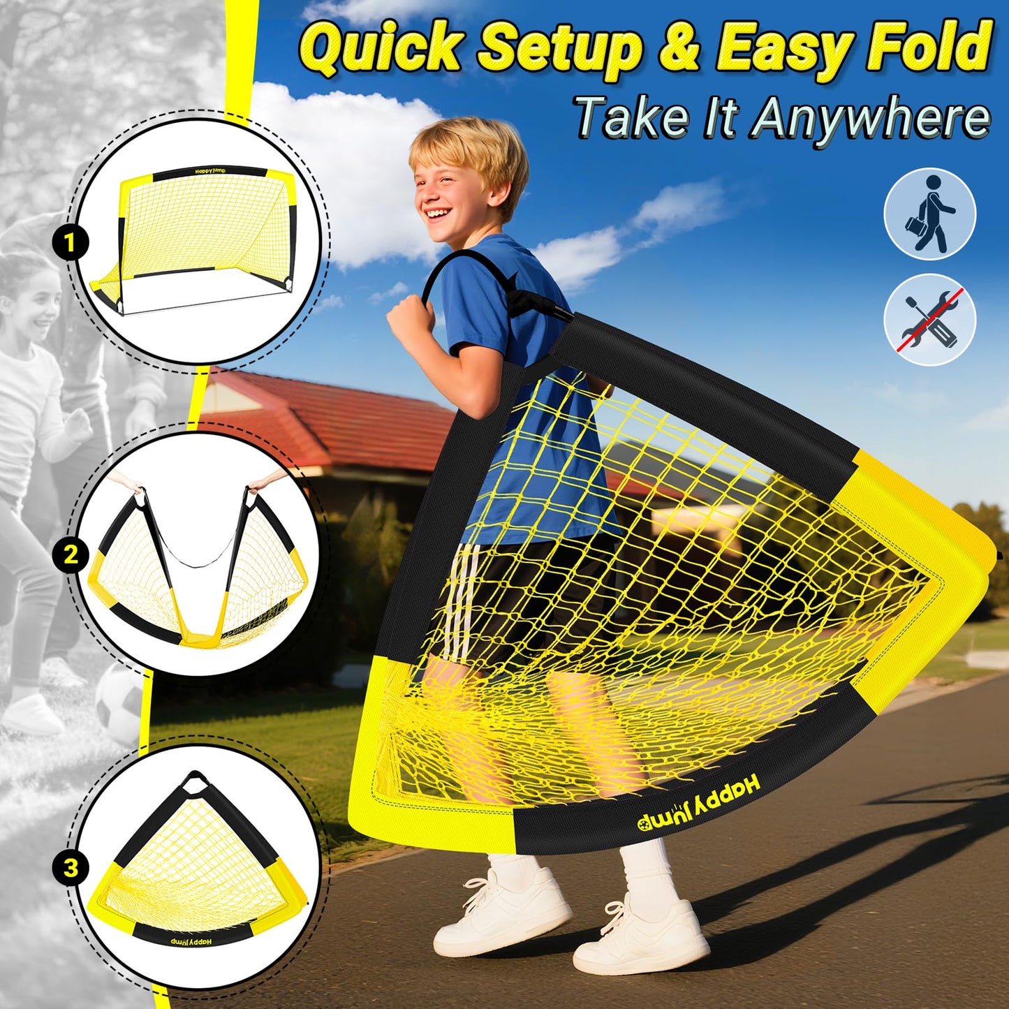 Happy Jump Pop-Up Football Goals - 213x152 cm, 2 goals, black yellow with ball, pump, cone & target | Complete training set for garden & family - Z2500900BQ1