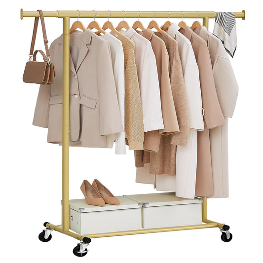 SONGMICS Clothes Rack on Wheels, Heavy Duty Coat Rack, Extendable Clothes Rail, Holds up to 100kg, Easy Assembly, Portable, Pale Gold HSR013A01 - PCT611W01