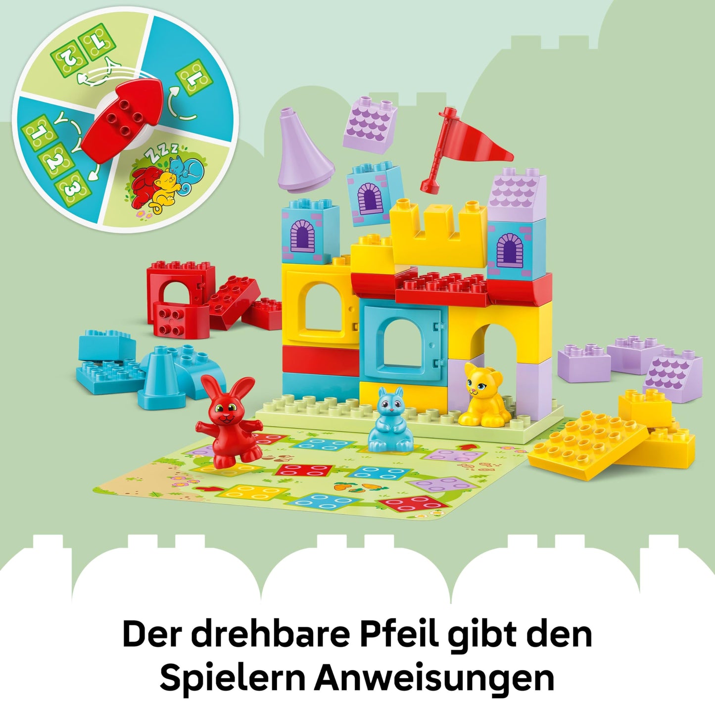 LEGO DUPLO Hopsys castle game - educational toy to promote motor skills for toddlers - 3 animal figures, toy castle & board game with turntable - gift for girls and boys aged 3 and over - 10450