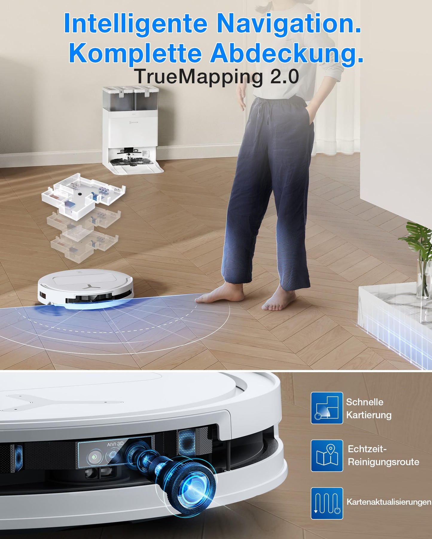 ECOVACS DEEBOT T50 Omni Gen3 robot vacuum cleaner with mopping function, 25,000 Pa, ZeroTangle 3.0, AIVI 3D 2.0, all-in-one omni station, cleaning the mop at 75 °C, ultra-flat 81 mm, matt white
