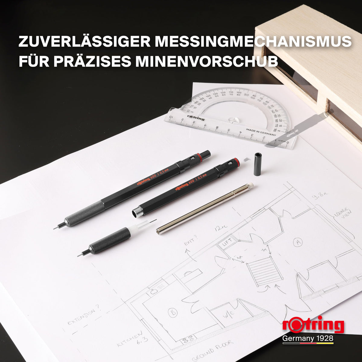 rOtring 600 Mechanical Pencil (0.5mm) Gift Set with Pen Case & Notebook | Full Metal Body Fine Point Pencil | Black | Non-Slip Knurled Grip and Hexagonal Barrel - 2224710