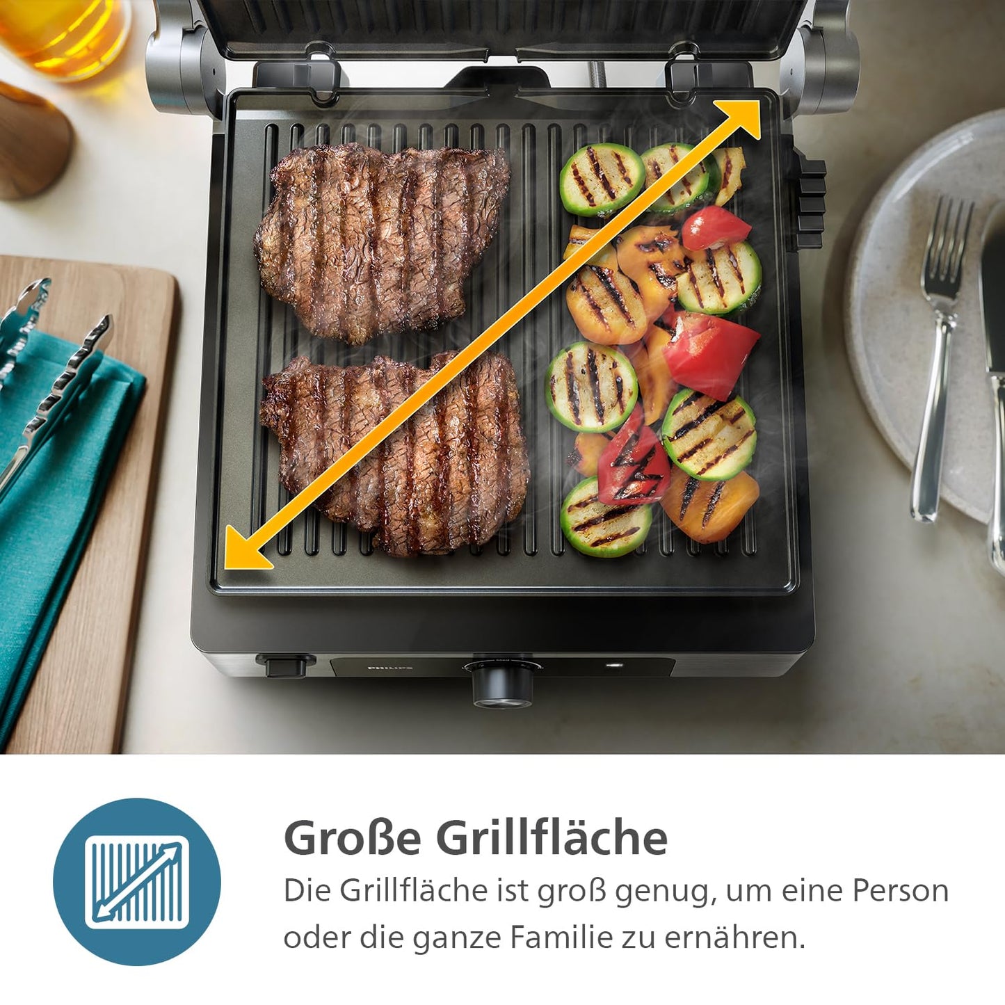 Philips contact grill - adjustable temperature 60°C-200°C. Can be opened 180°. Large grill area and high power performance. Removable non-stick plates and fat drip tray. (HD6301/90)