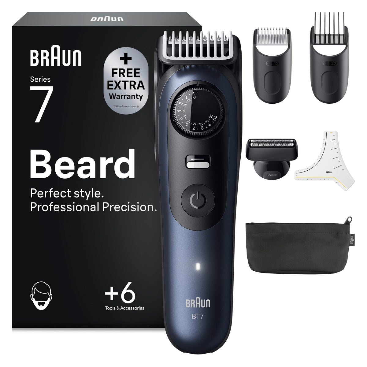 Braun Trimmer pentru bărbie Series 7, Tăietor de bărbie fără fir pentru bărbați, BT7520, Albastru - 7500435244909