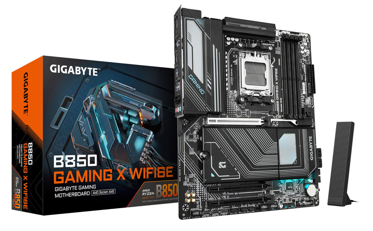 Placa de bază GIGABYTE B850 Gaming X WIFI6E - compatibilă cu procesoarele AMD Ryzen 9000, VRM digital cu 12+2+2 faze, suport pentru memorie DDR5 de până la 8200MHz (OC), 1xPCIe 5.0 + 2xPCIe 4.0 M.2, LAN de 2.5G, WiFi 6E, USB 3.2 Gen 2x2