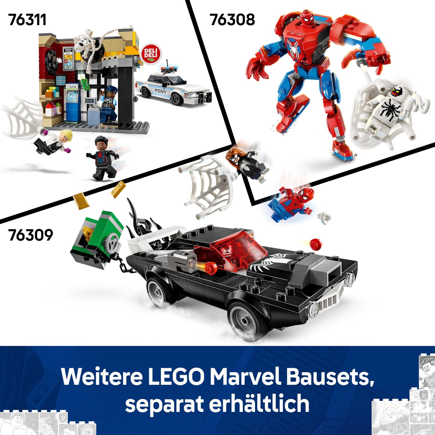 LEGO | Marvel Spider-Verse: Miles Morales vs. Spot - Superhero playset with toy car - 4 minifigures and mini market - Creative gift for boys and girls aged 9 and up - 76311