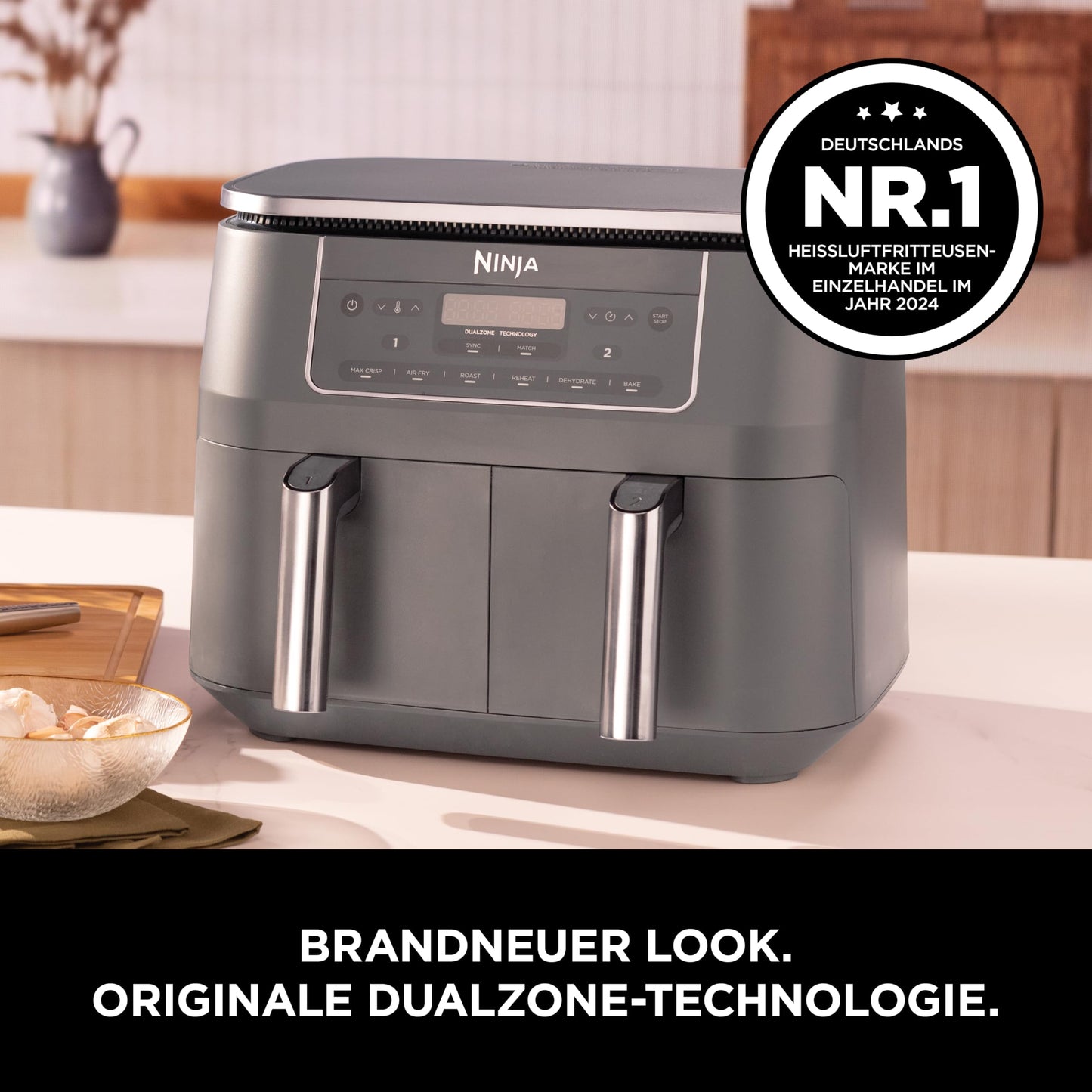 Ninja Dual Zone Digital Air Fryer, 2 Drawer, 6-in-1, Oil-Free Air Fryer, 7.6L, Air Frying, Max Crisp, Roasting, Baking, Reheating, Dishwasher Safe Baskets, Metallic Gray DZ300EU